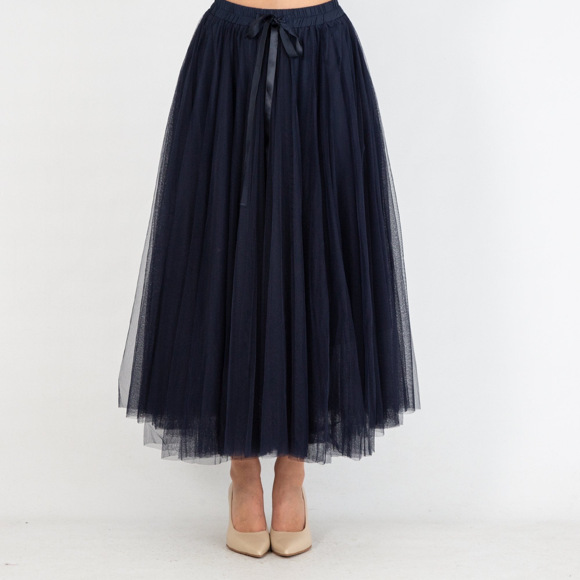 Chokolate Layered Mesh Skirt With Bow & Elastic Waist Navy