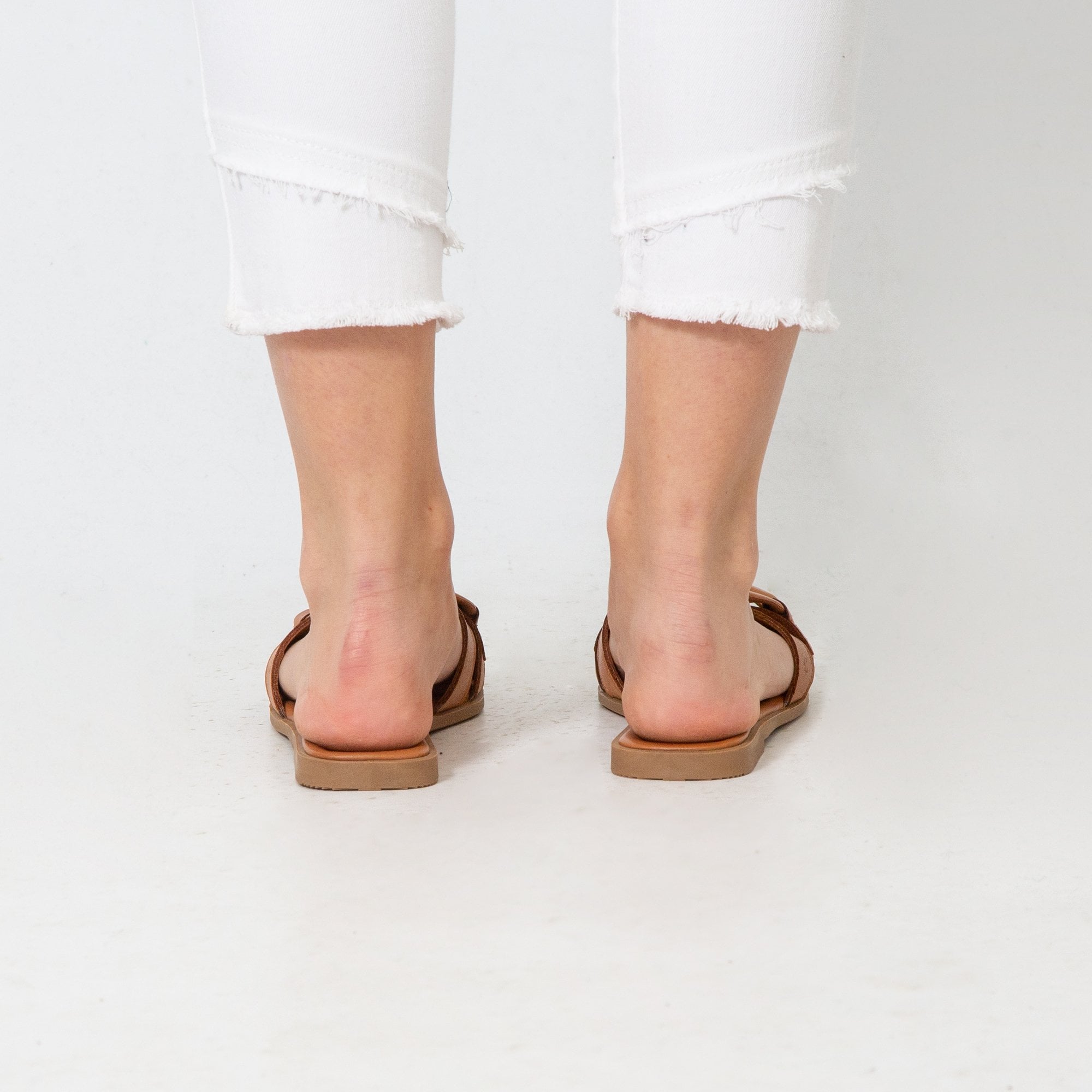 Carmela Chain Buckle Slip On Flat Sandals Camel