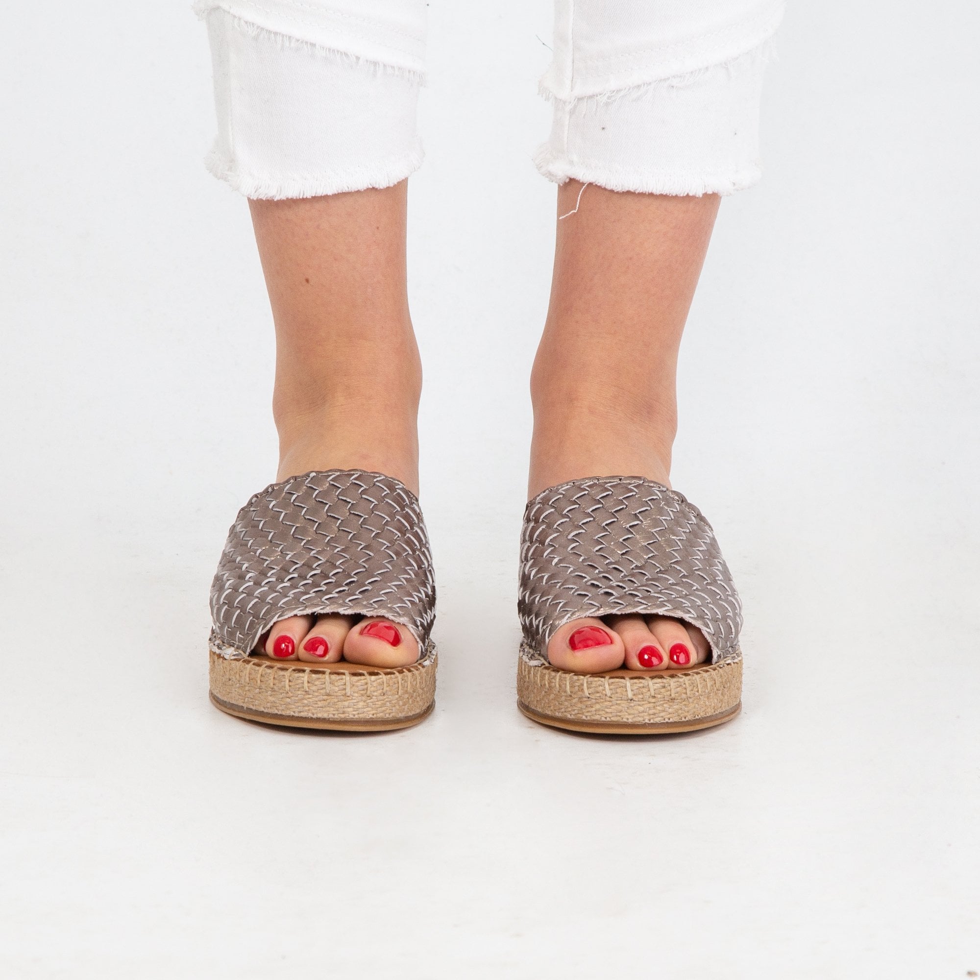 Carmela Metallic Woven Flat Form Espadrille Pewter