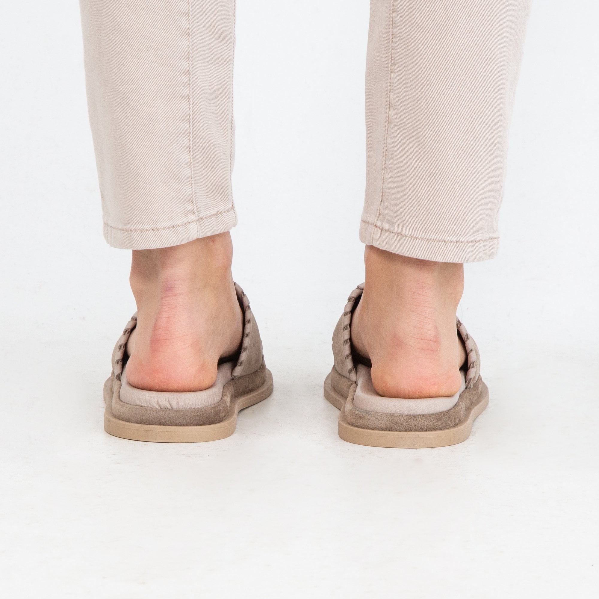 Carmela Suede Slider With Bound Woven Edge Taupe