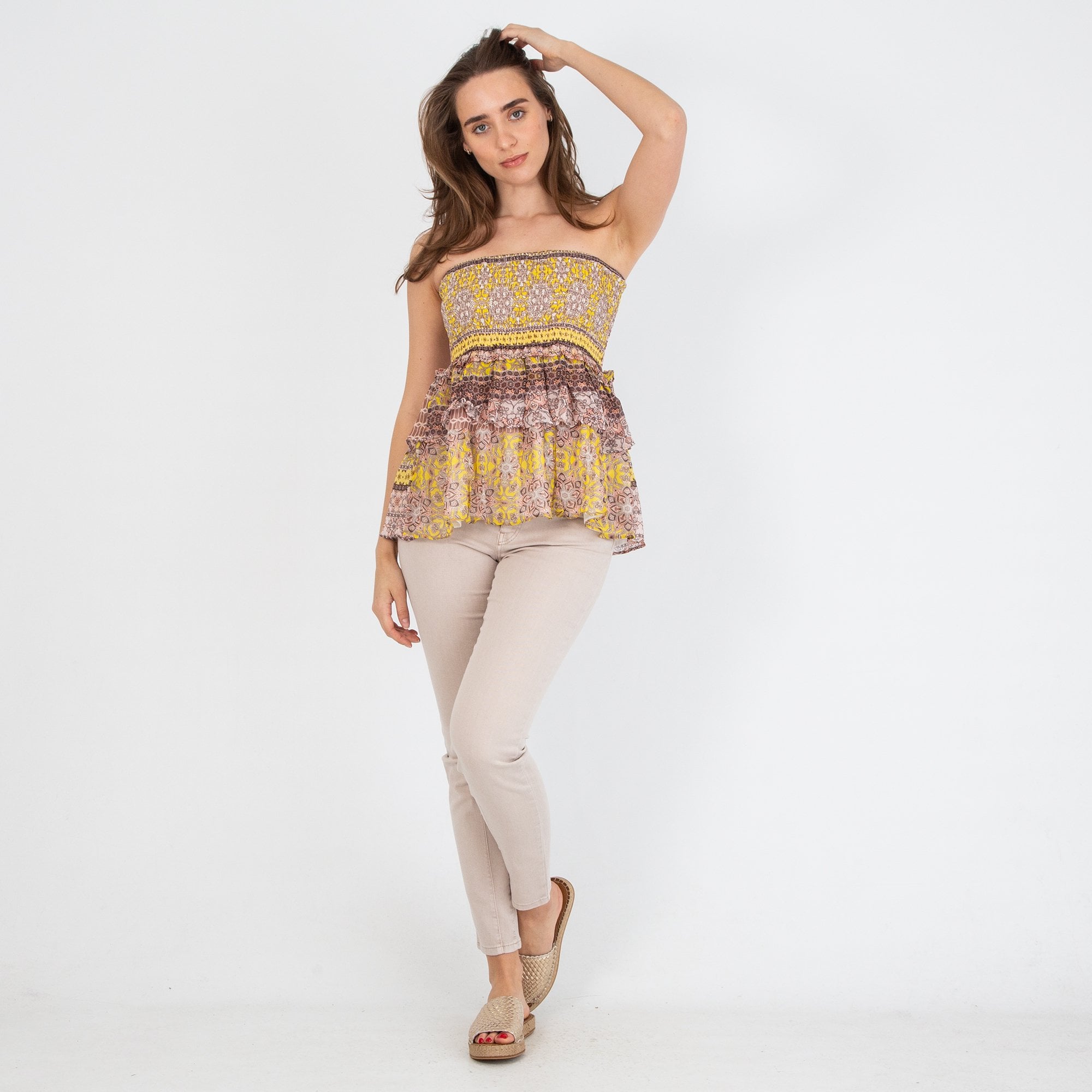 Charlotte Sparre Paisley Multi Print Tiered Smock Skirt or Top Coral/yellow