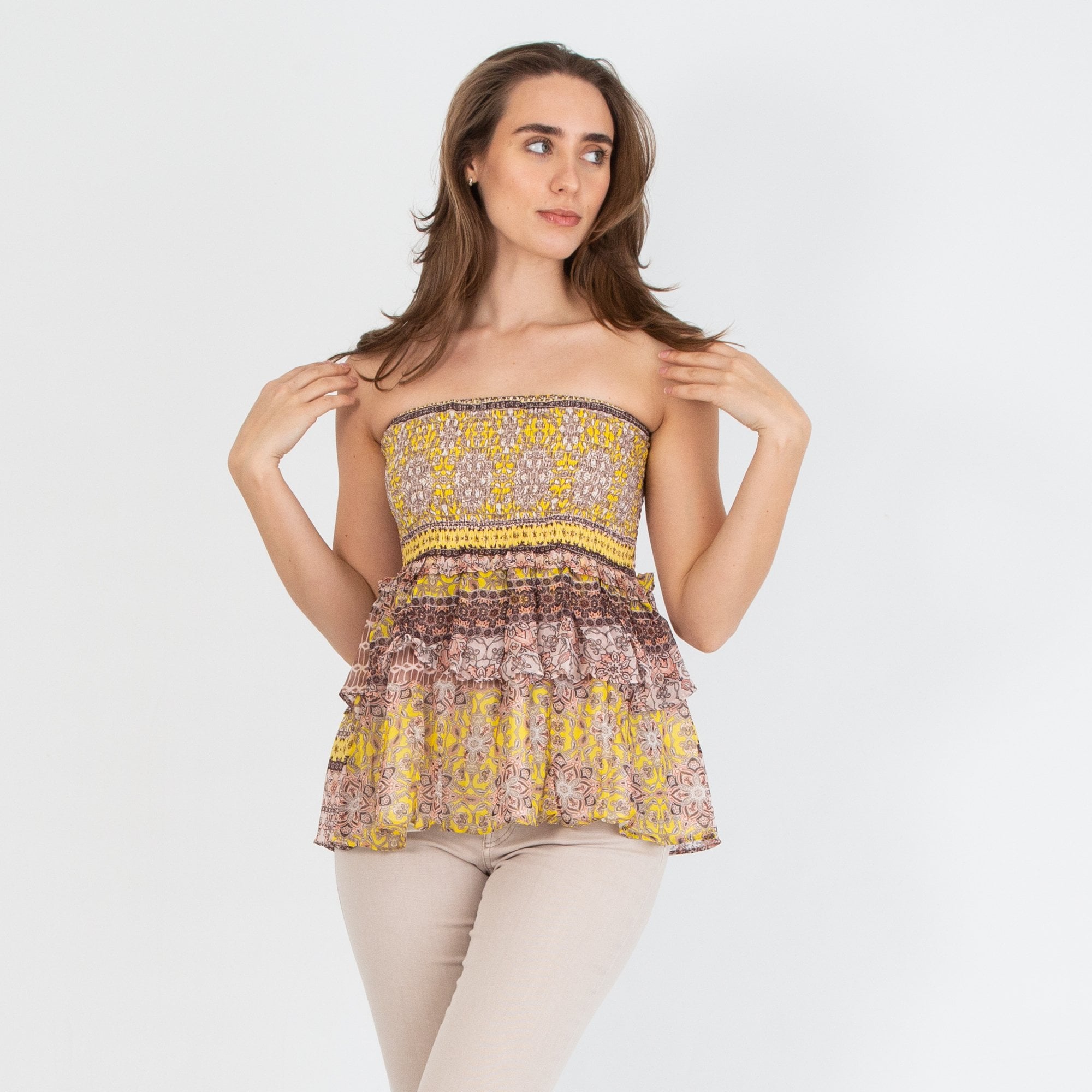 Charlotte Sparre Paisley Multi Print Tiered Smock Skirt or Top Coral/yellow