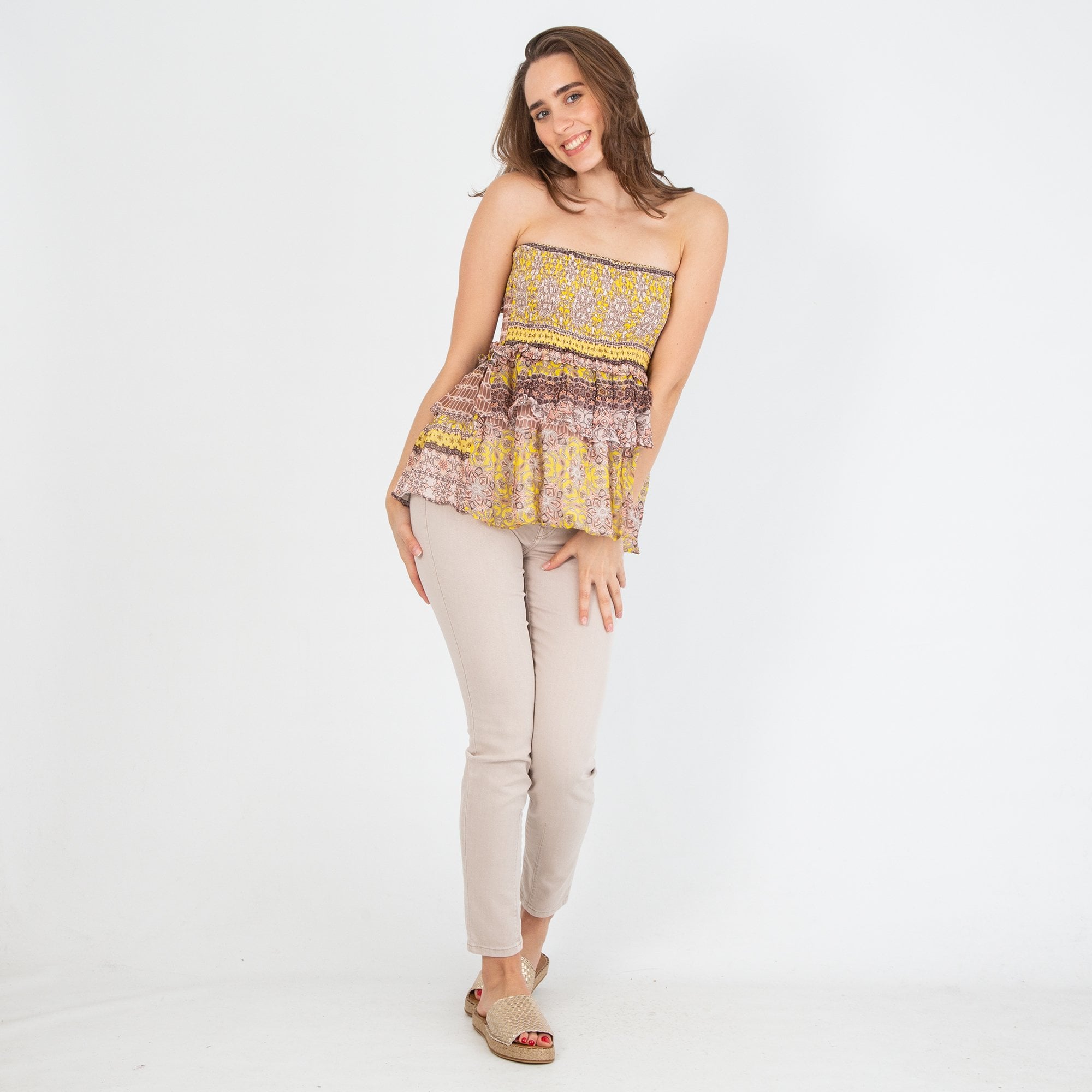 Charlotte Sparre Paisley Multi Print Tiered Smock Skirt or Top Coral/yellow