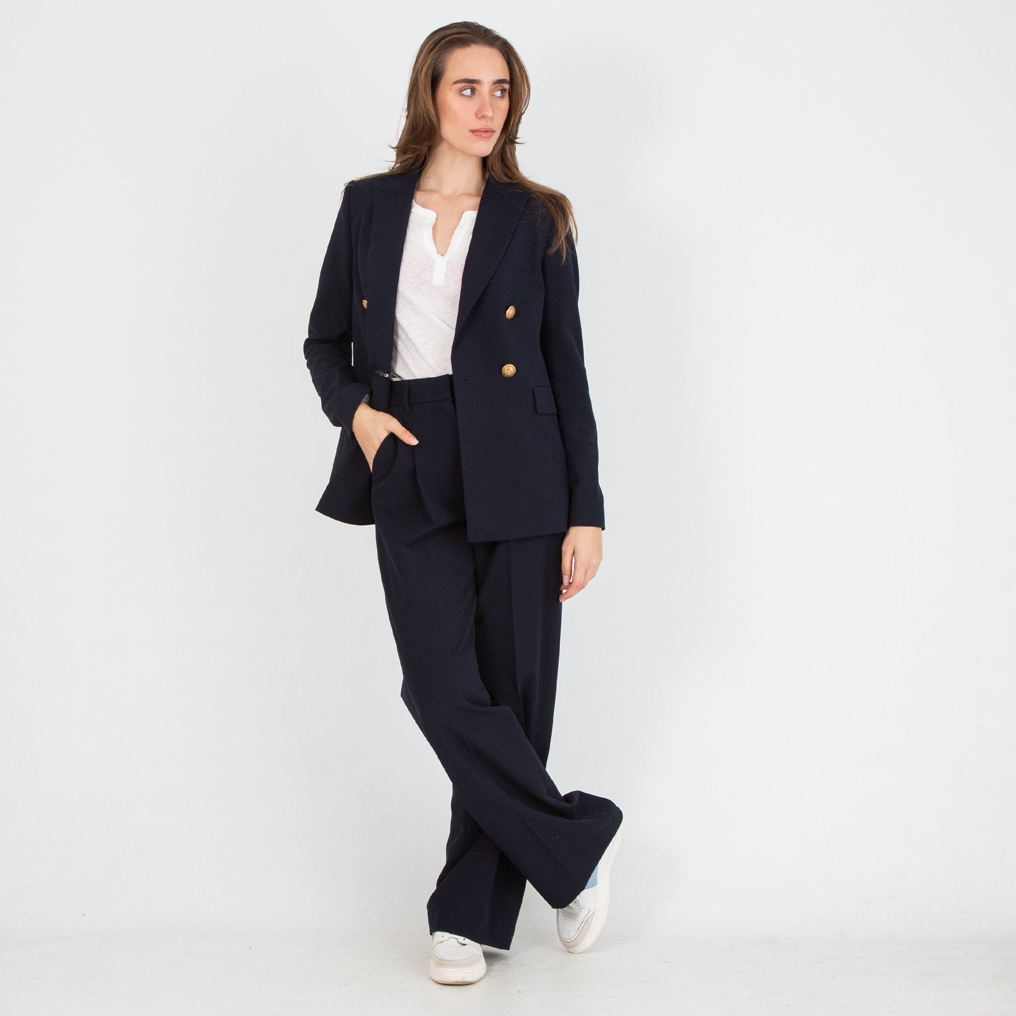 Luisa Cerano Double Breasted Blazer With Gold Hardwear Navy