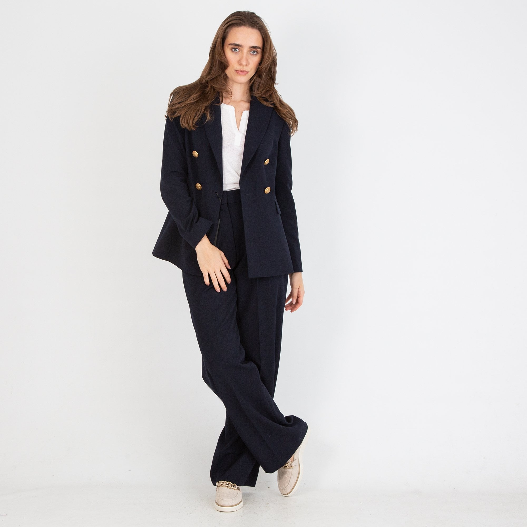 Luisa Cerano Double Breasted Blazer With Gold Hardwear Navy