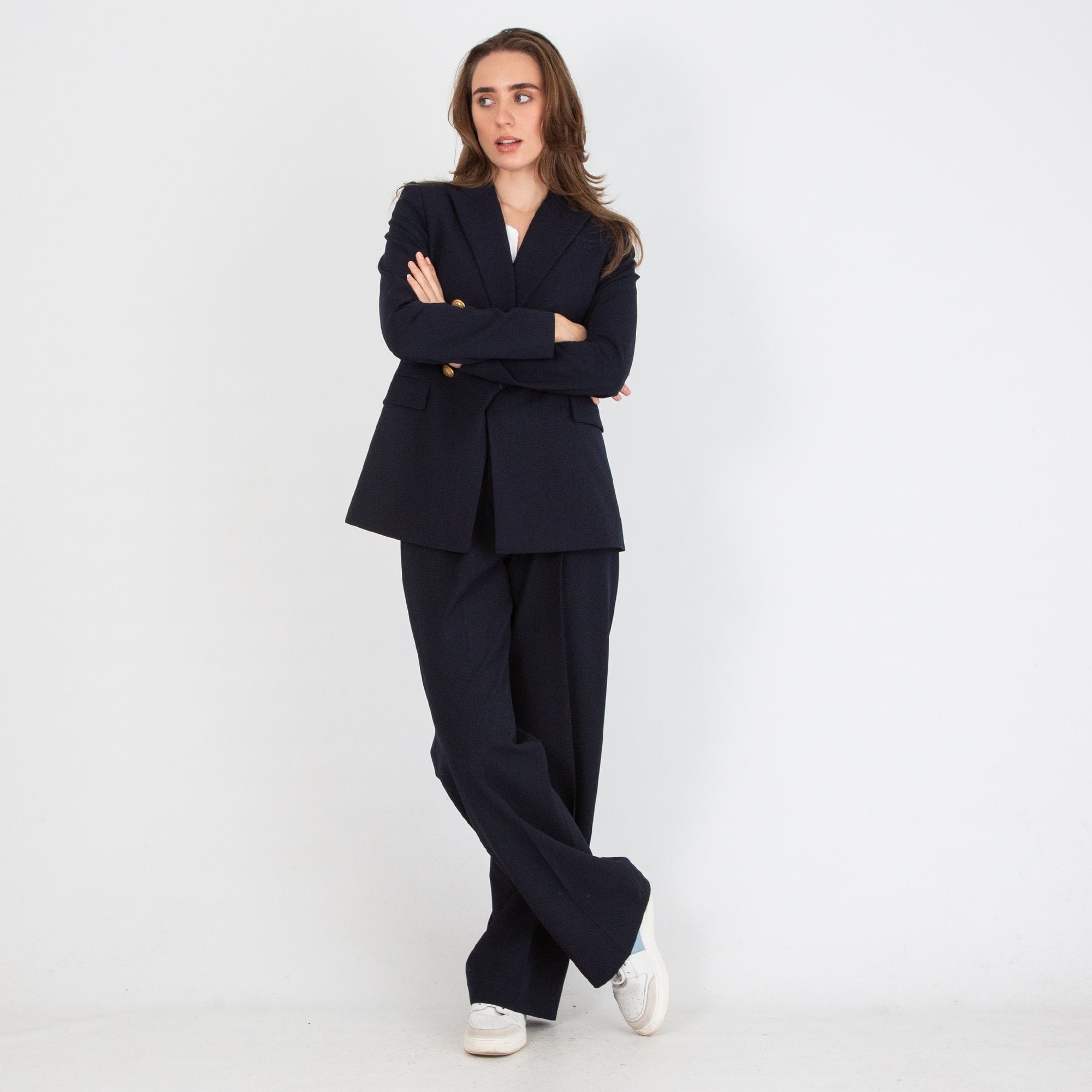 Luisa Cerano Double Breasted Blazer With Gold Hardwear Navy