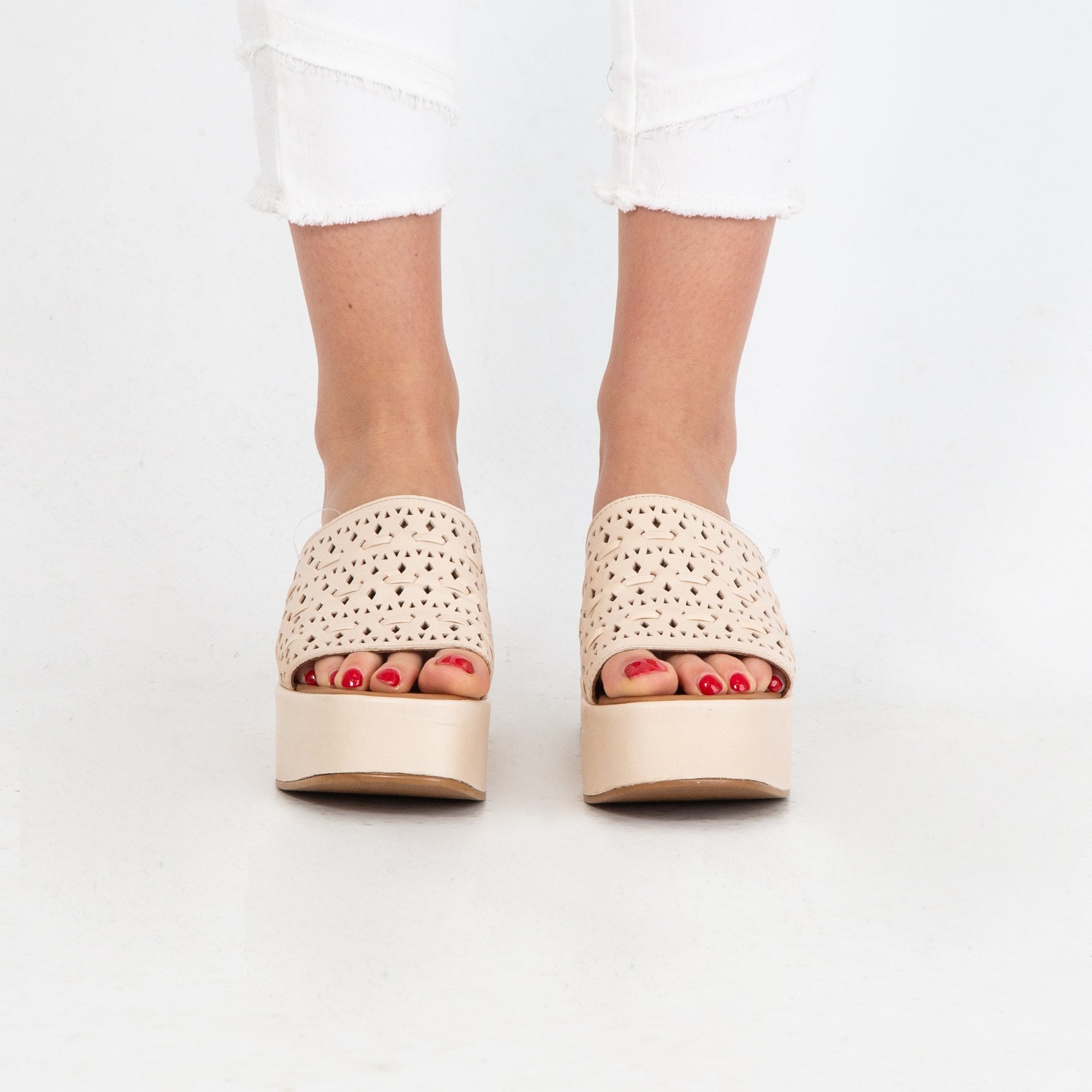 Carmela Platform Wedge Cutwork Leather Slider Beige