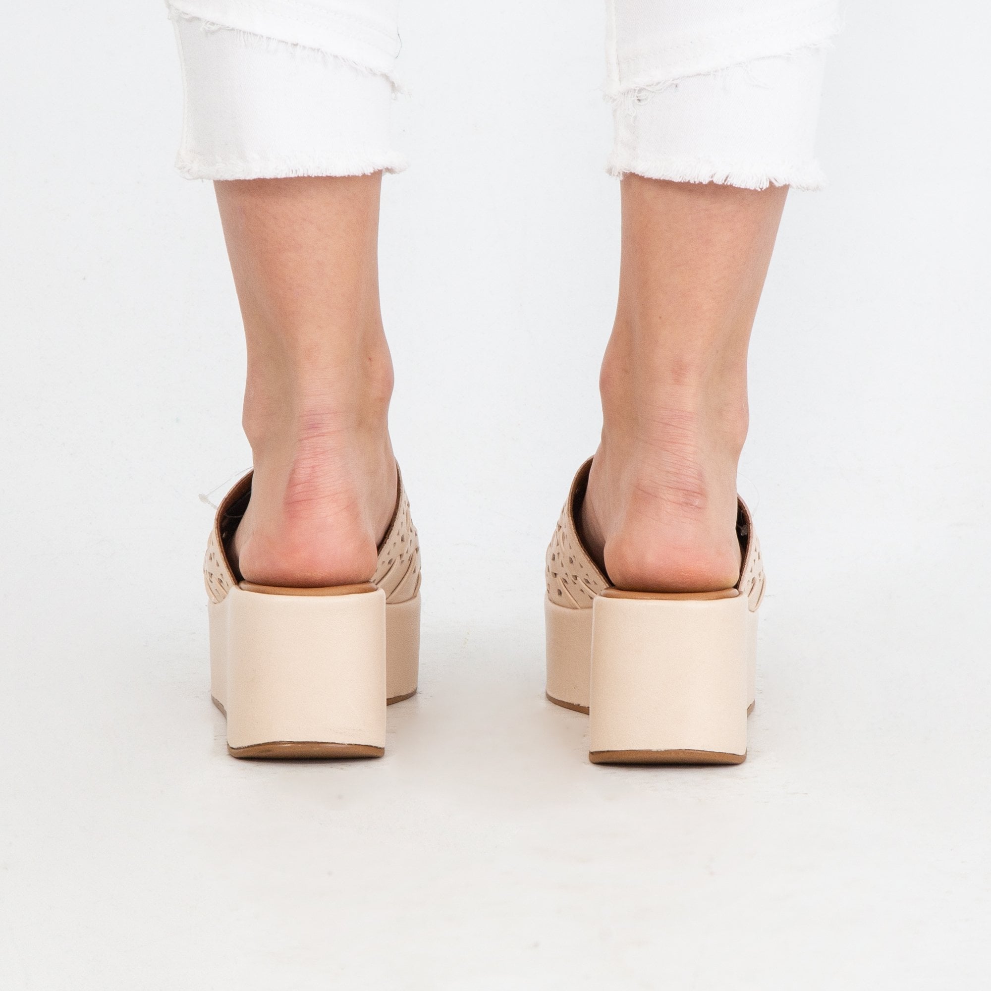 Carmela Platform Wedge Cutwork Leather Slider Beige