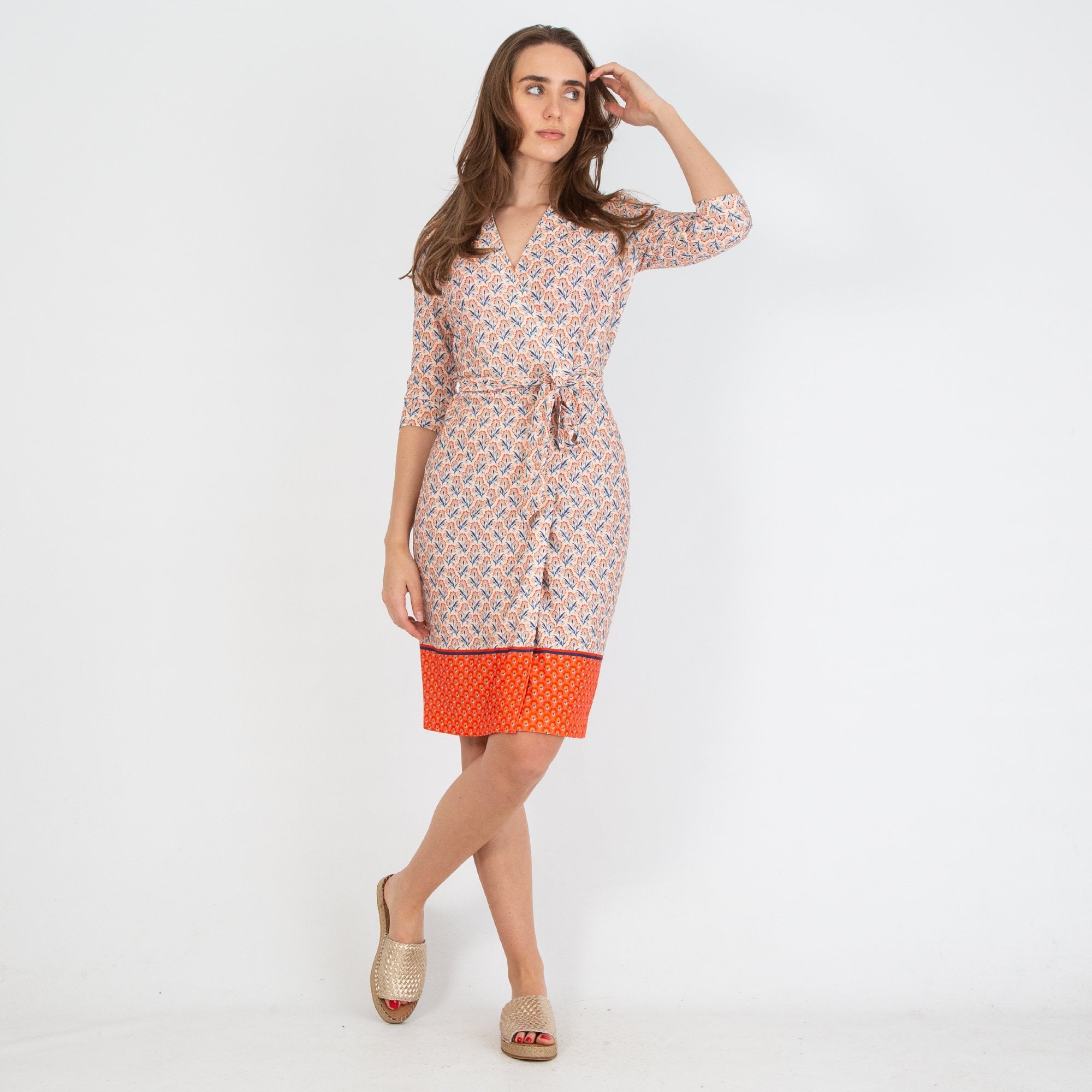 Fee G Floral Tie Wrap Dress With Border Hem Sand/Orange