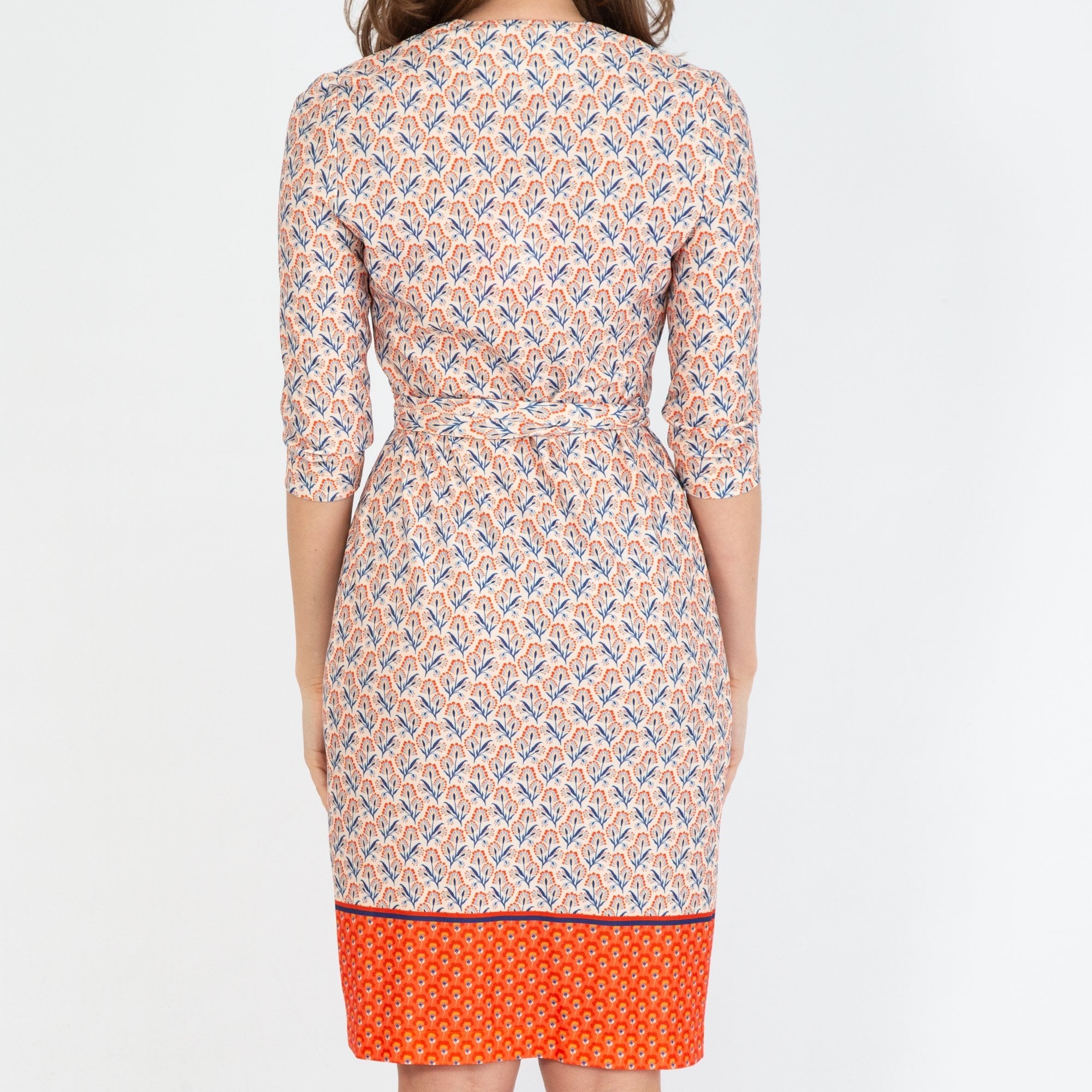 Fee G Floral Tie Wrap Dress With Border Hem Sand/Orange