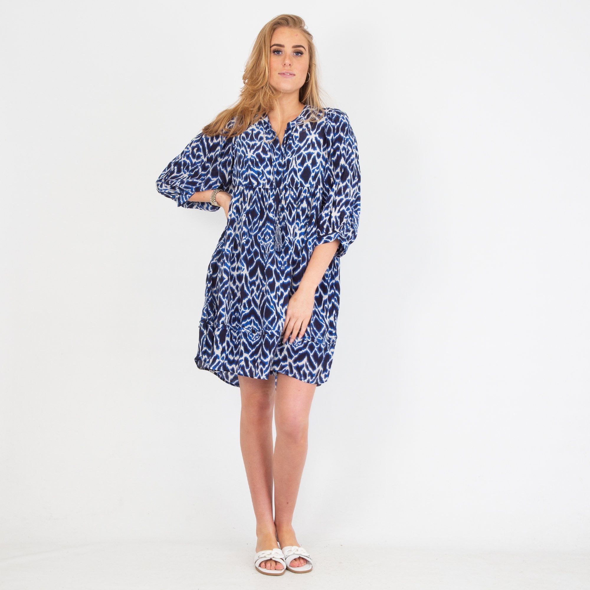 Moliin Jolene Ikat Print Short Empire Seam Tiered Dress Indigo/white