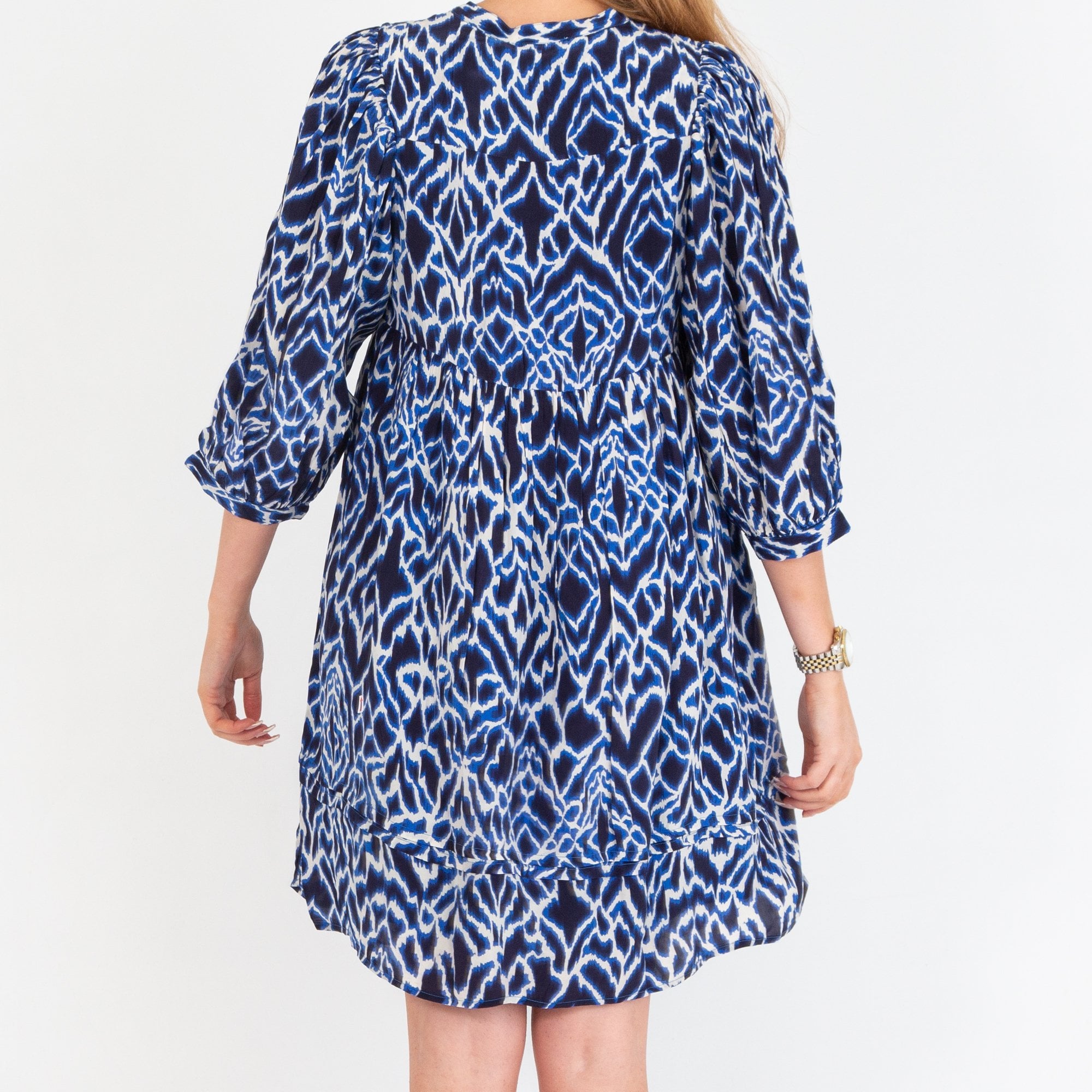 Moliin Jolene Ikat Print Short Empire Seam Tiered Dress Indigo/white