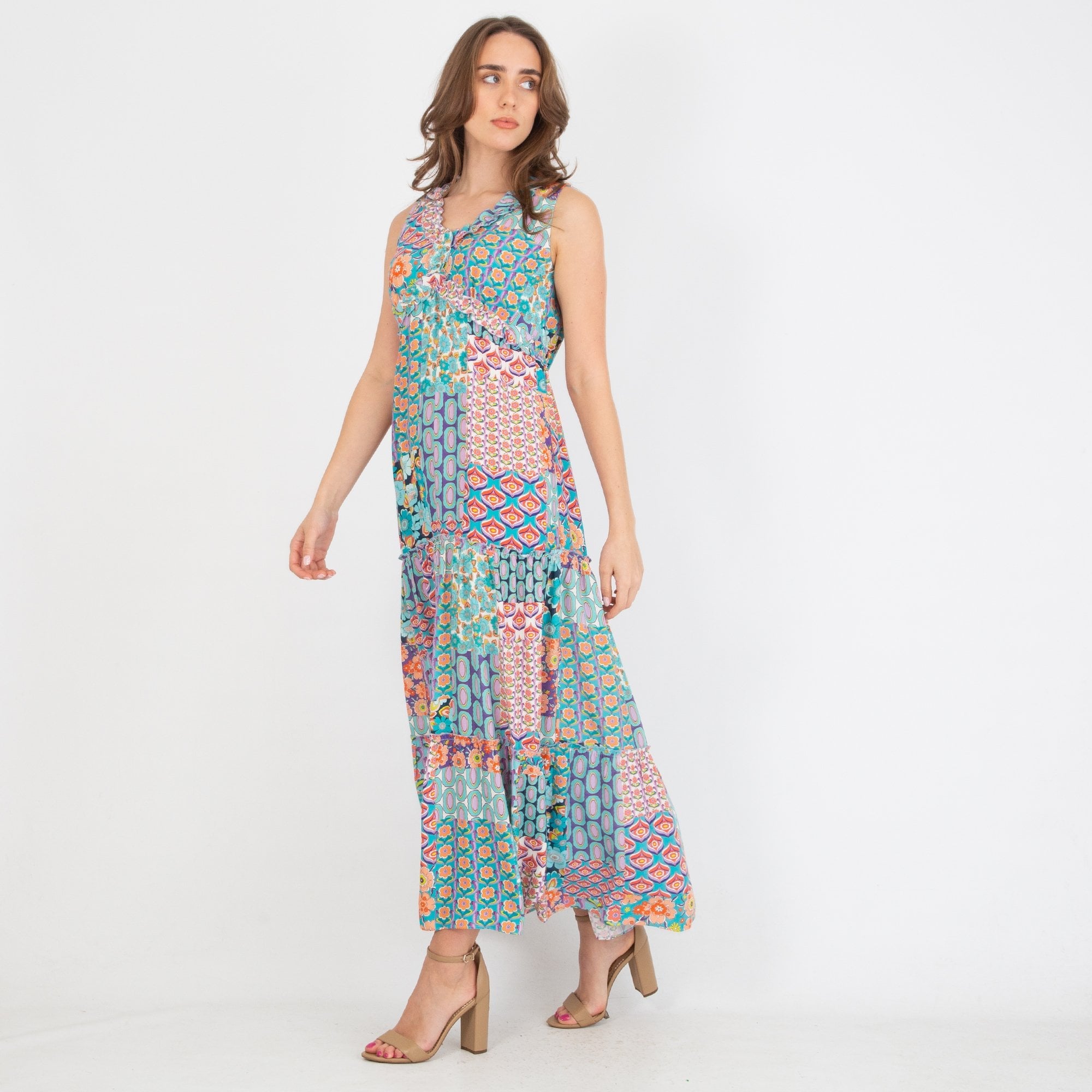 Tinta Style Norman Patchwork Print Ruffle Tiered Maxi Dress Multi