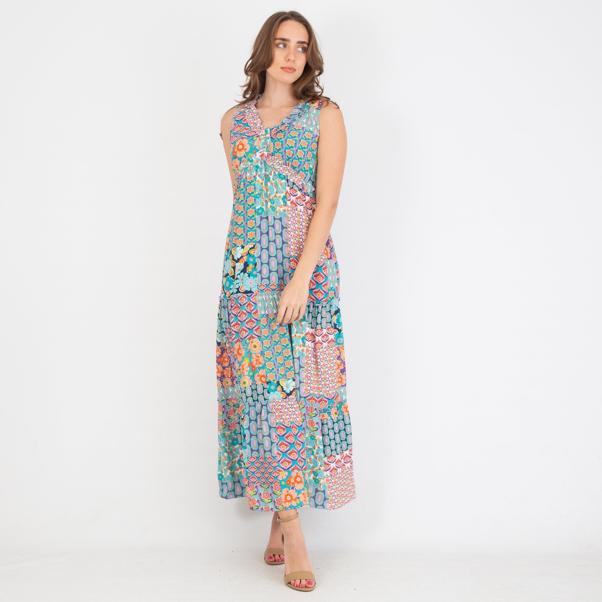 Tinta Style Norman Patchwork Print Ruffle Tiered Maxi Dress Multi