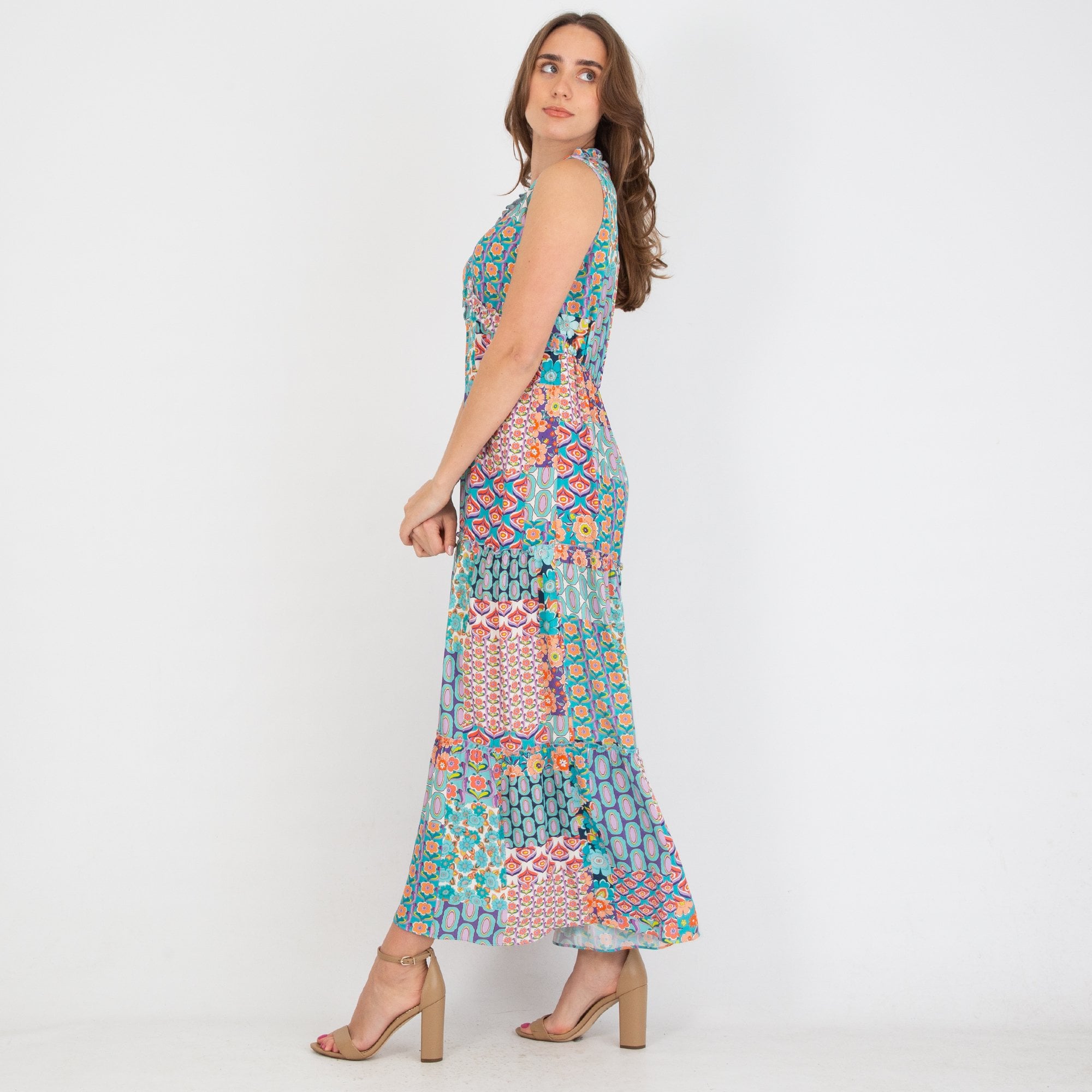 Tinta Style Norman Patchwork Print Ruffle Tiered Maxi Dress Multi