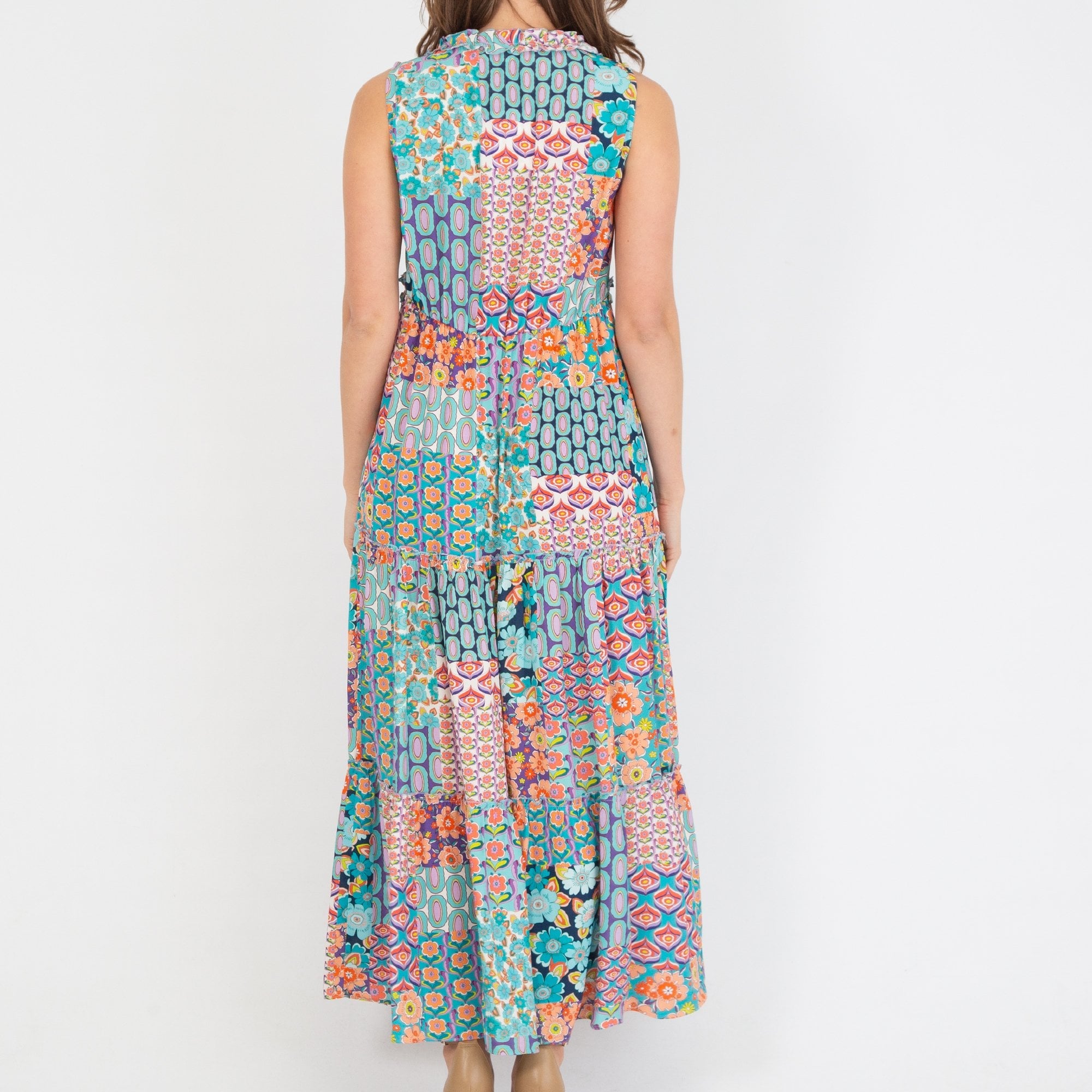 Tinta Style Norman Patchwork Print Ruffle Tiered Maxi Dress Multi