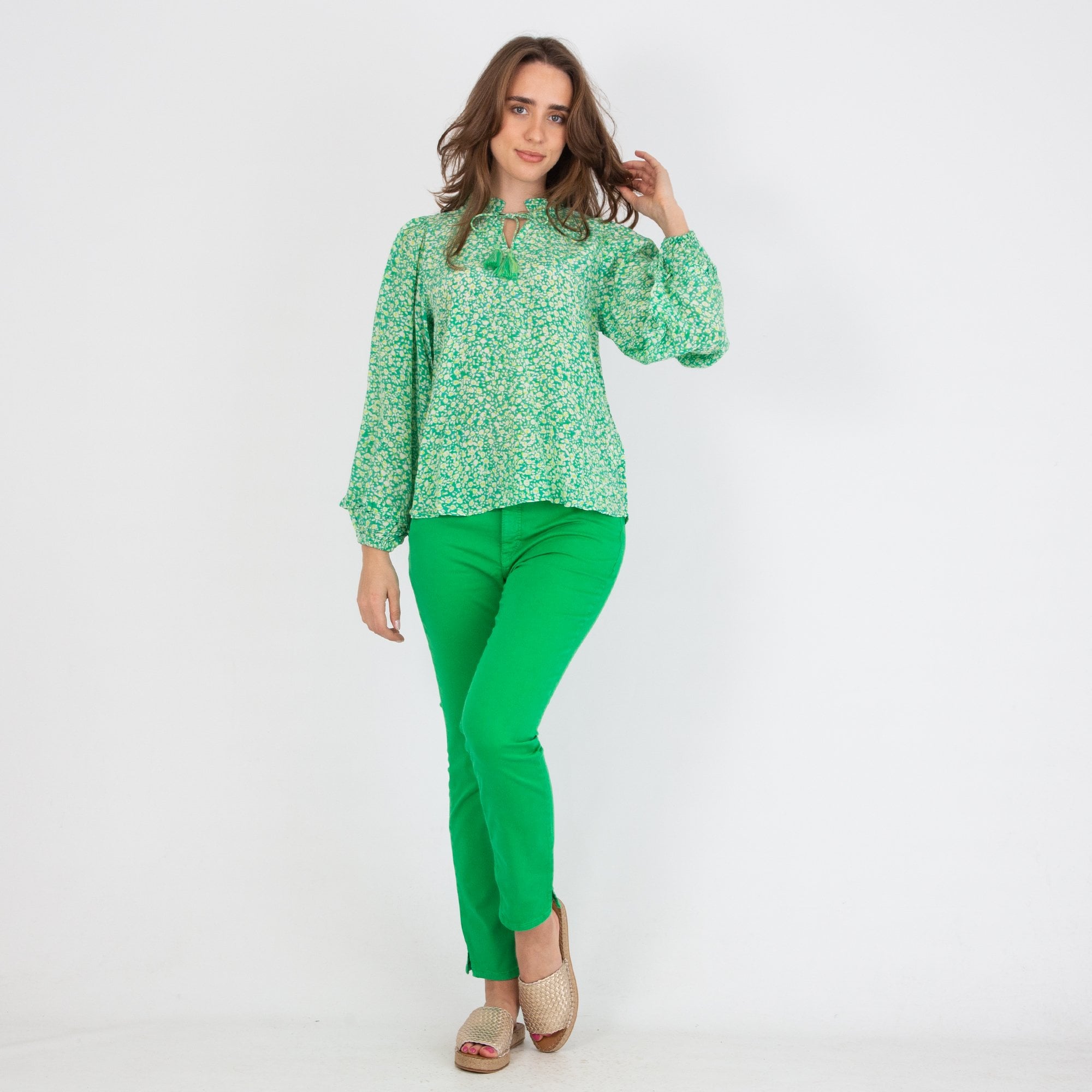 Moliin Annabel Speckle Print Tassel Neck Frill Trim Blouse Green/lime