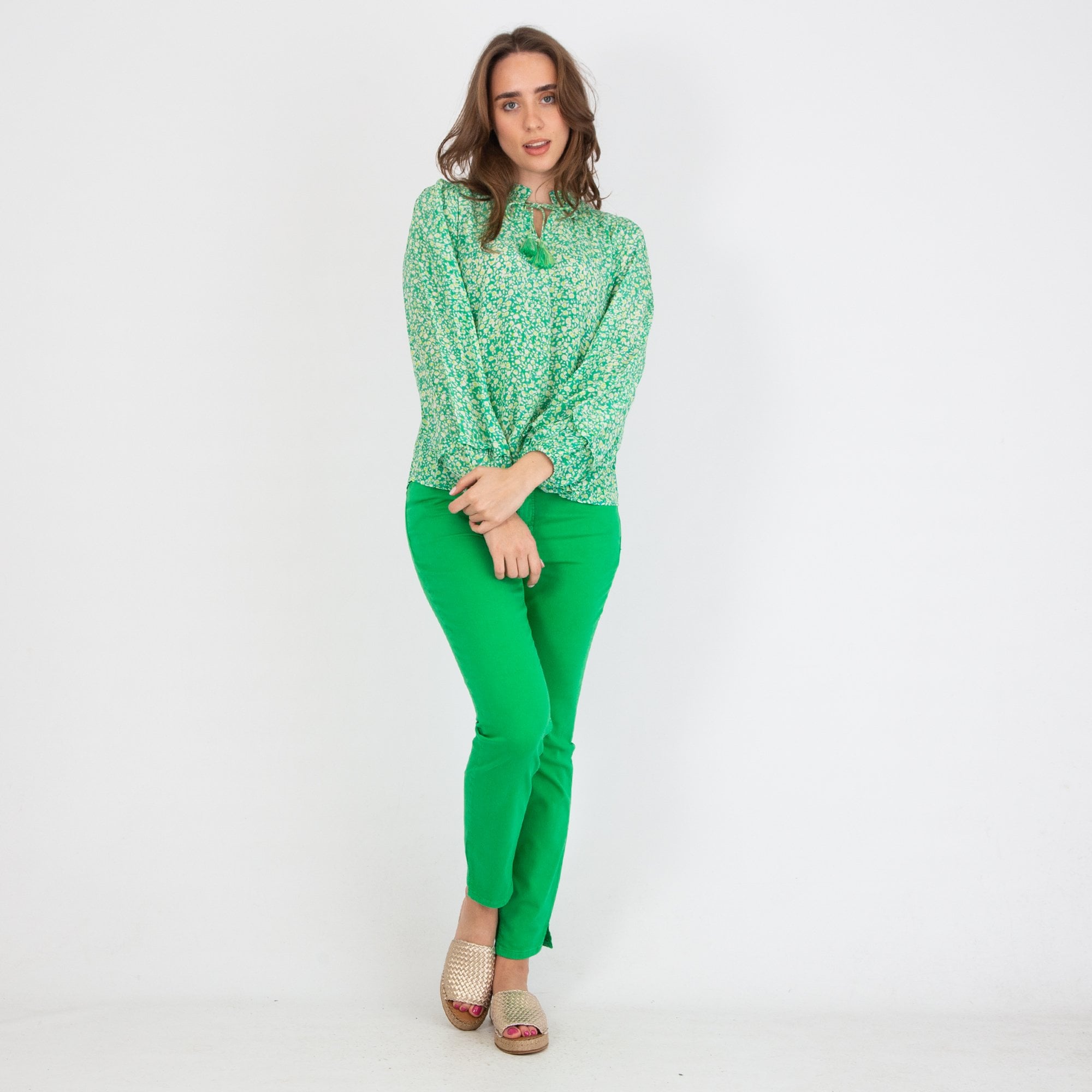 Moliin Annabel Speckle Print Tassel Neck Frill Trim Blouse Green/lime