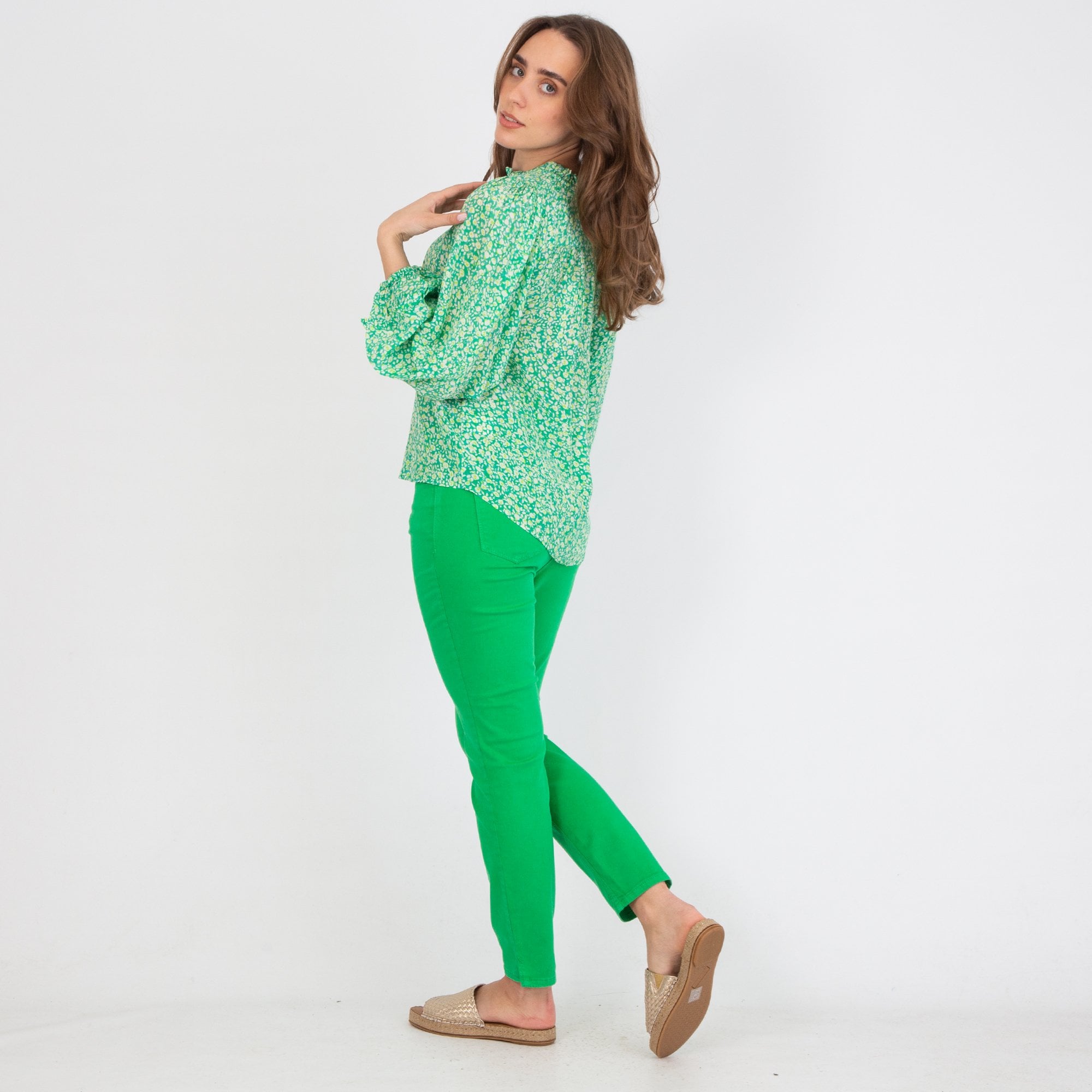 Moliin Annabel Speckle Print Tassel Neck Frill Trim Blouse Green/lime