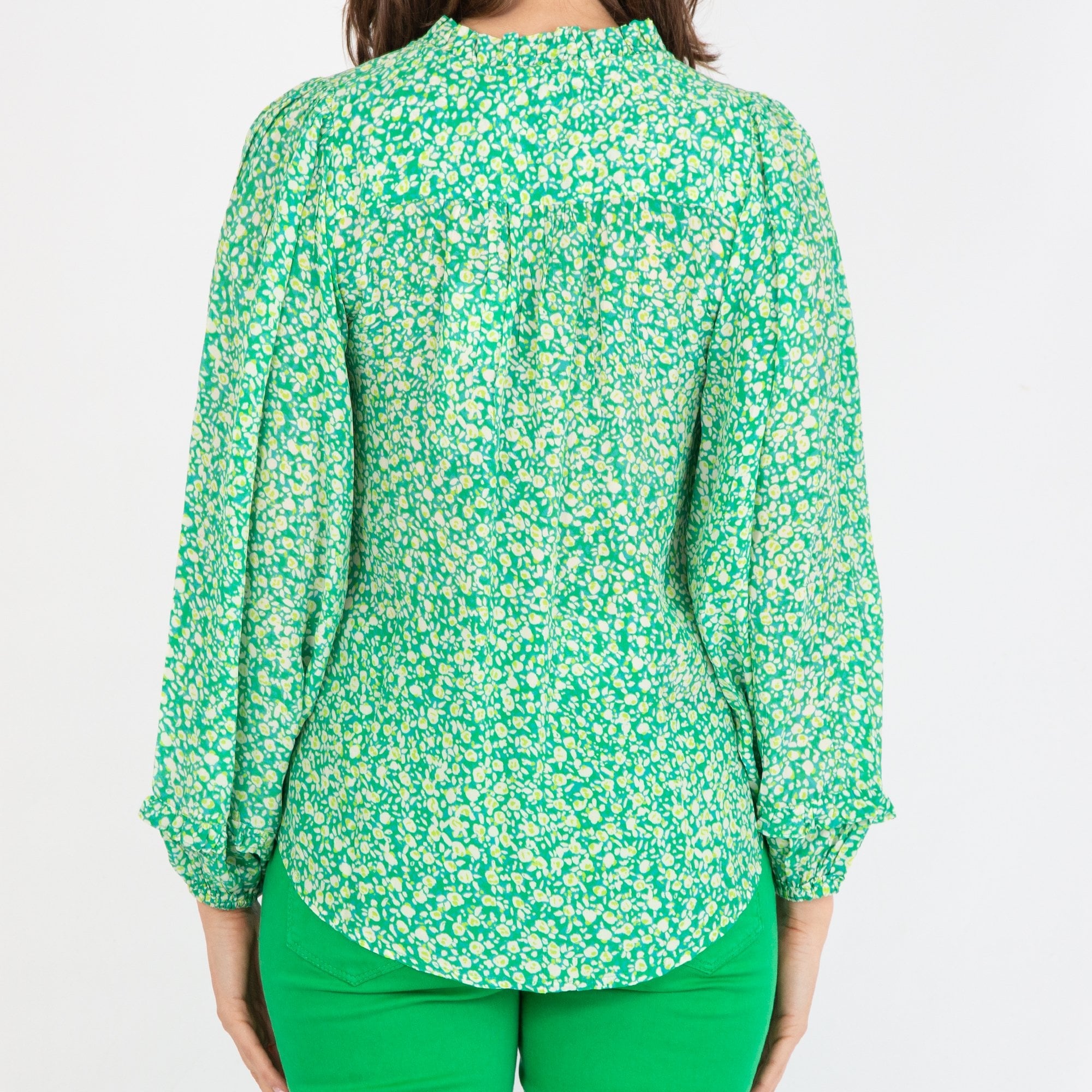 Moliin Annabel Speckle Print Tassel Neck Frill Trim Blouse Green/lime
