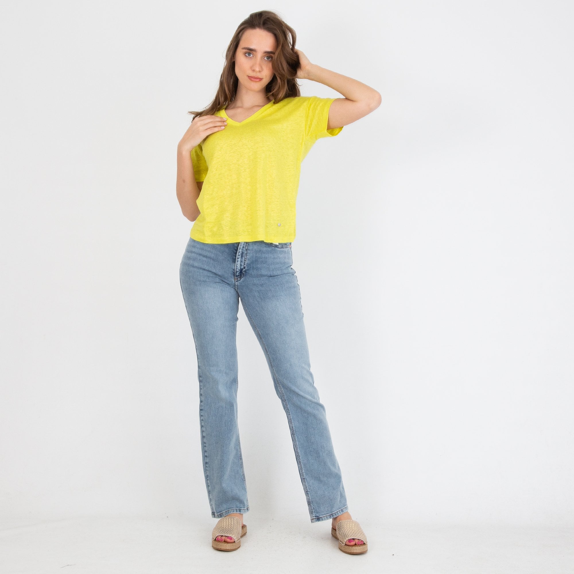 Mos Mosh Casa V Neck Soft Handle Shiny T-shirt Lime Yellow