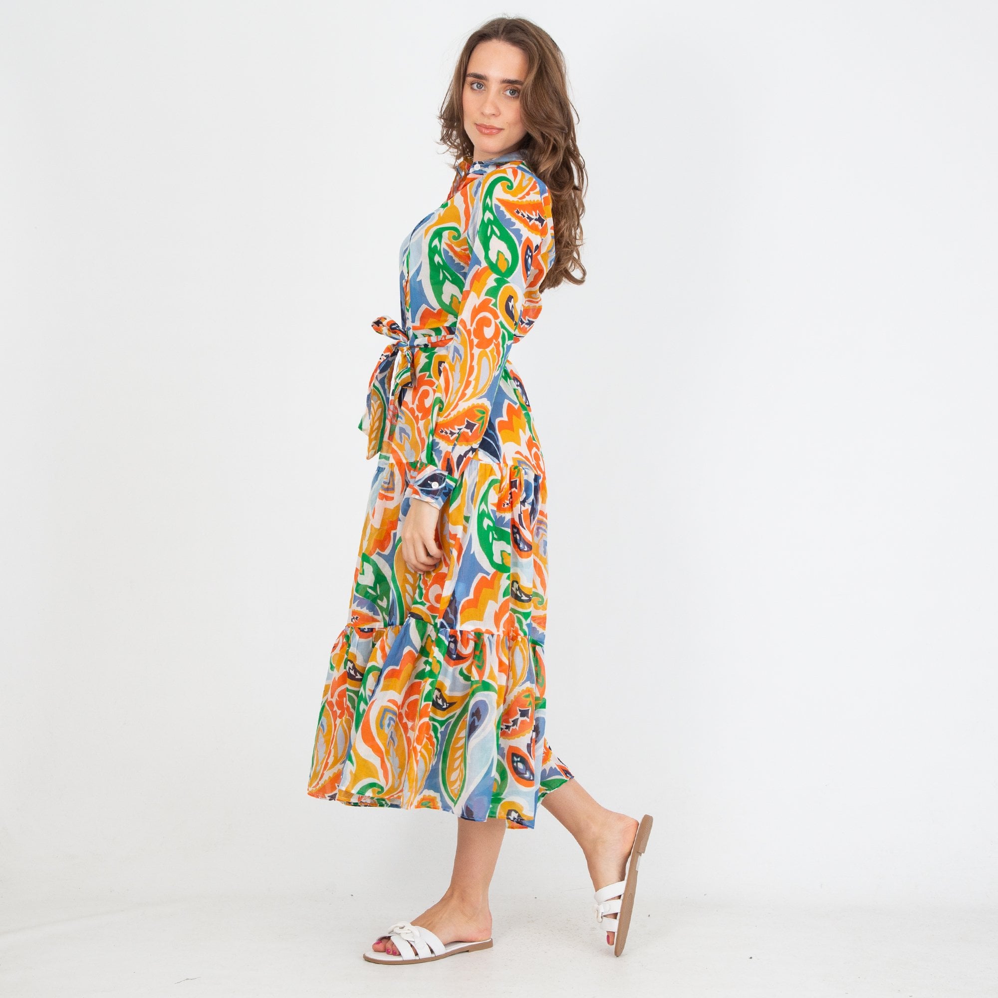 Caliban Camiceria Paisley Print Tiered Cotton Shirt Dress White Multi