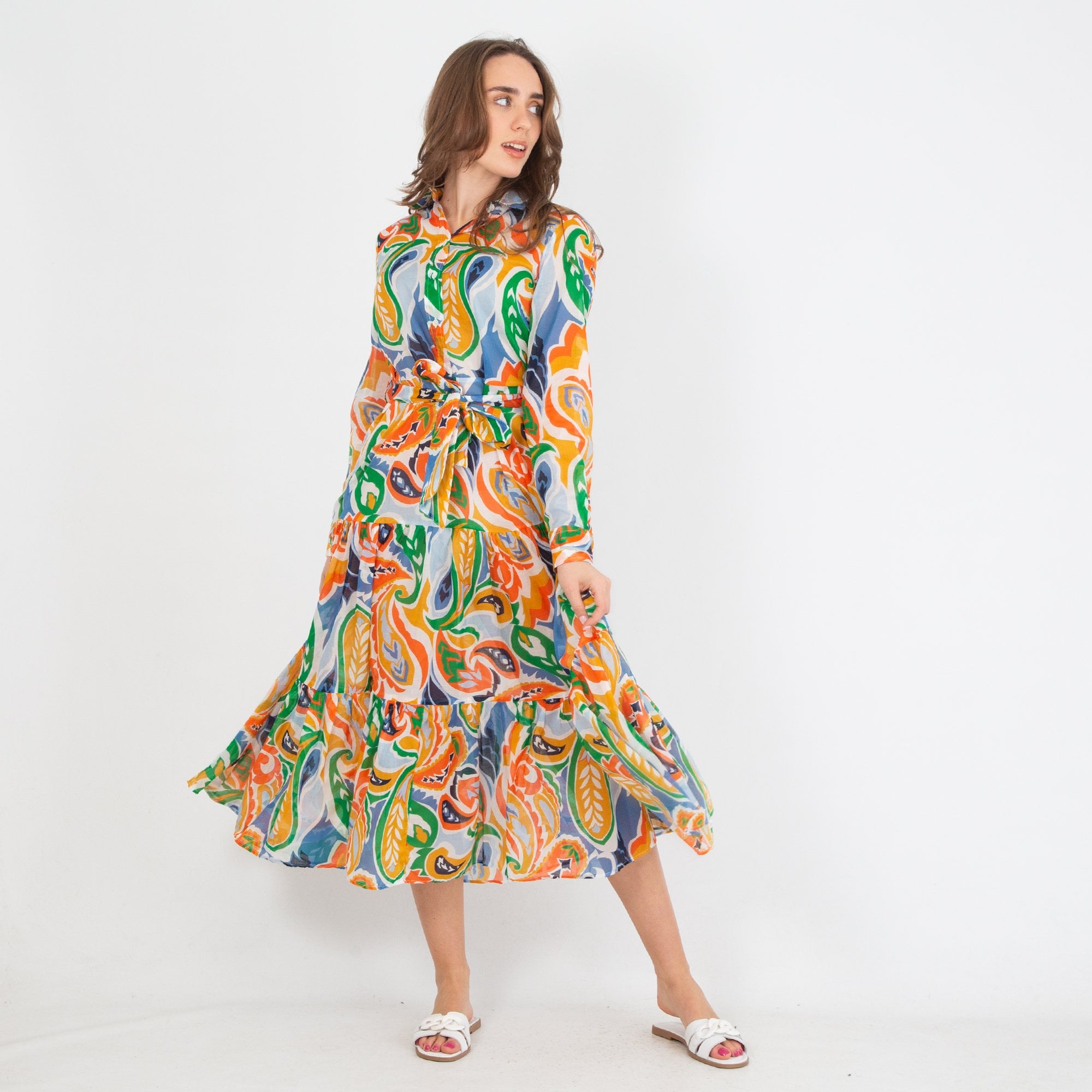 Caliban Camiceria Paisley Print Tiered Cotton Shirt Dress White Multi