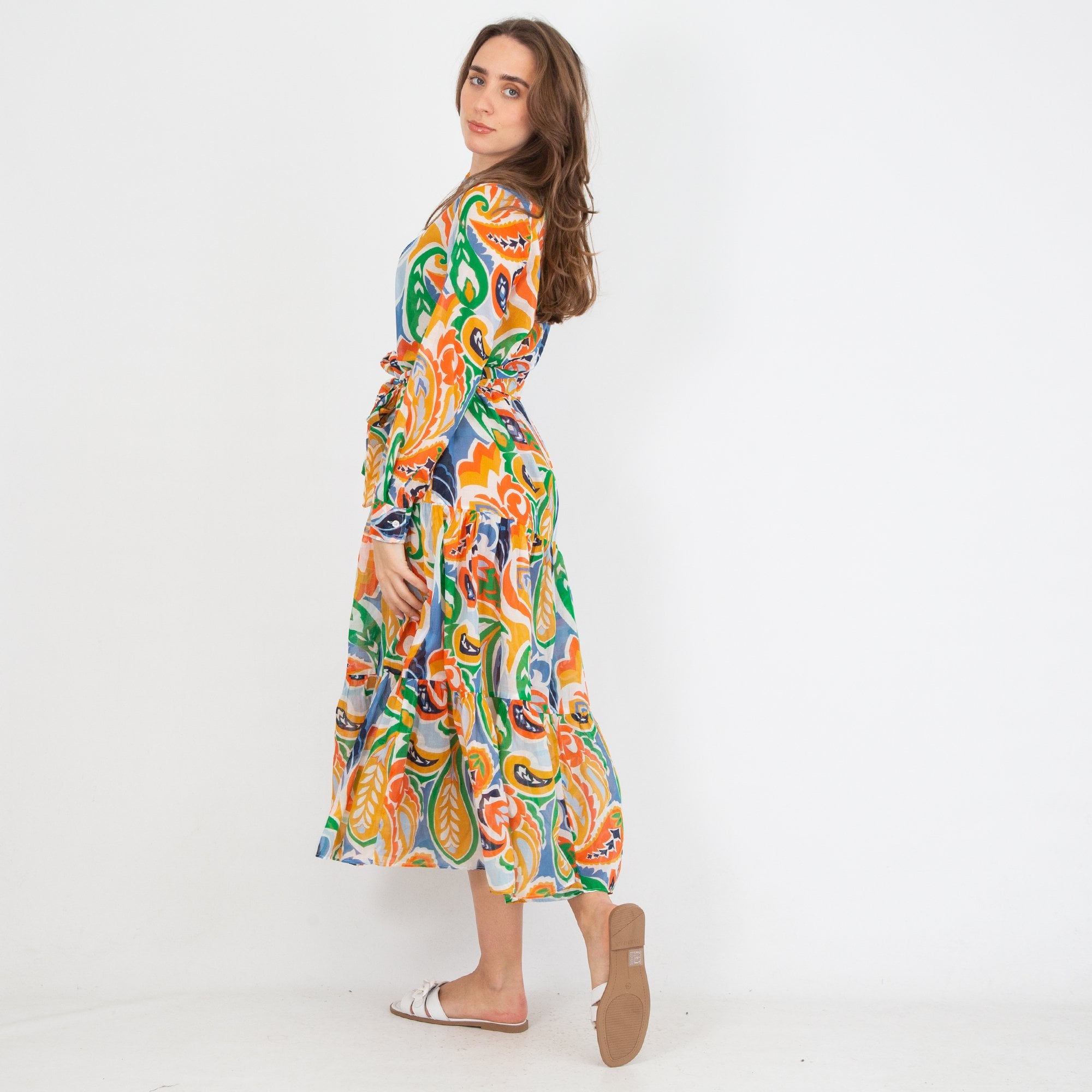 Caliban Camiceria Paisley Print Tiered Cotton Shirt Dress White Multi