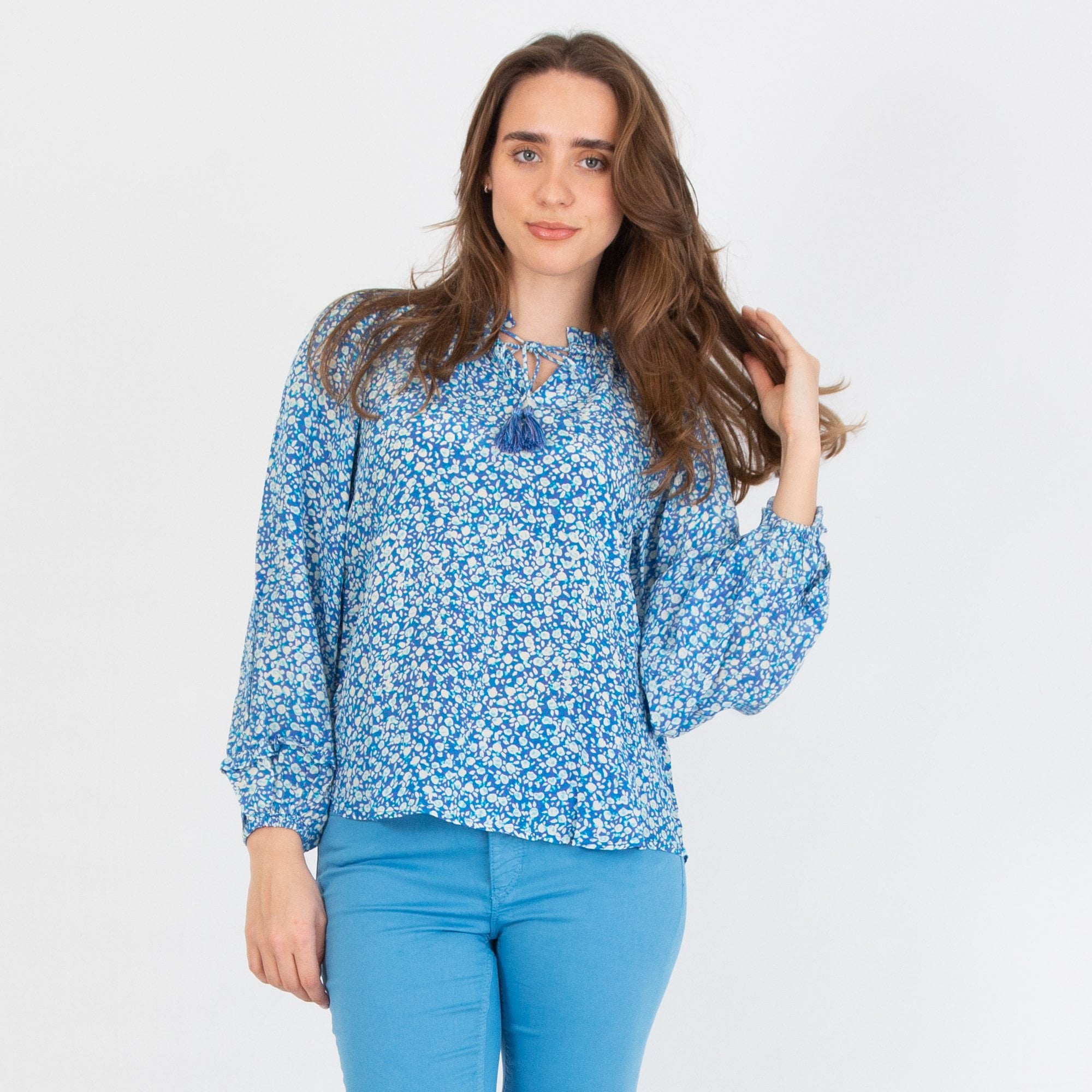 Moliin Annabel Speckle Print Tassel Neck Frill Trim Blouse Blue/off White