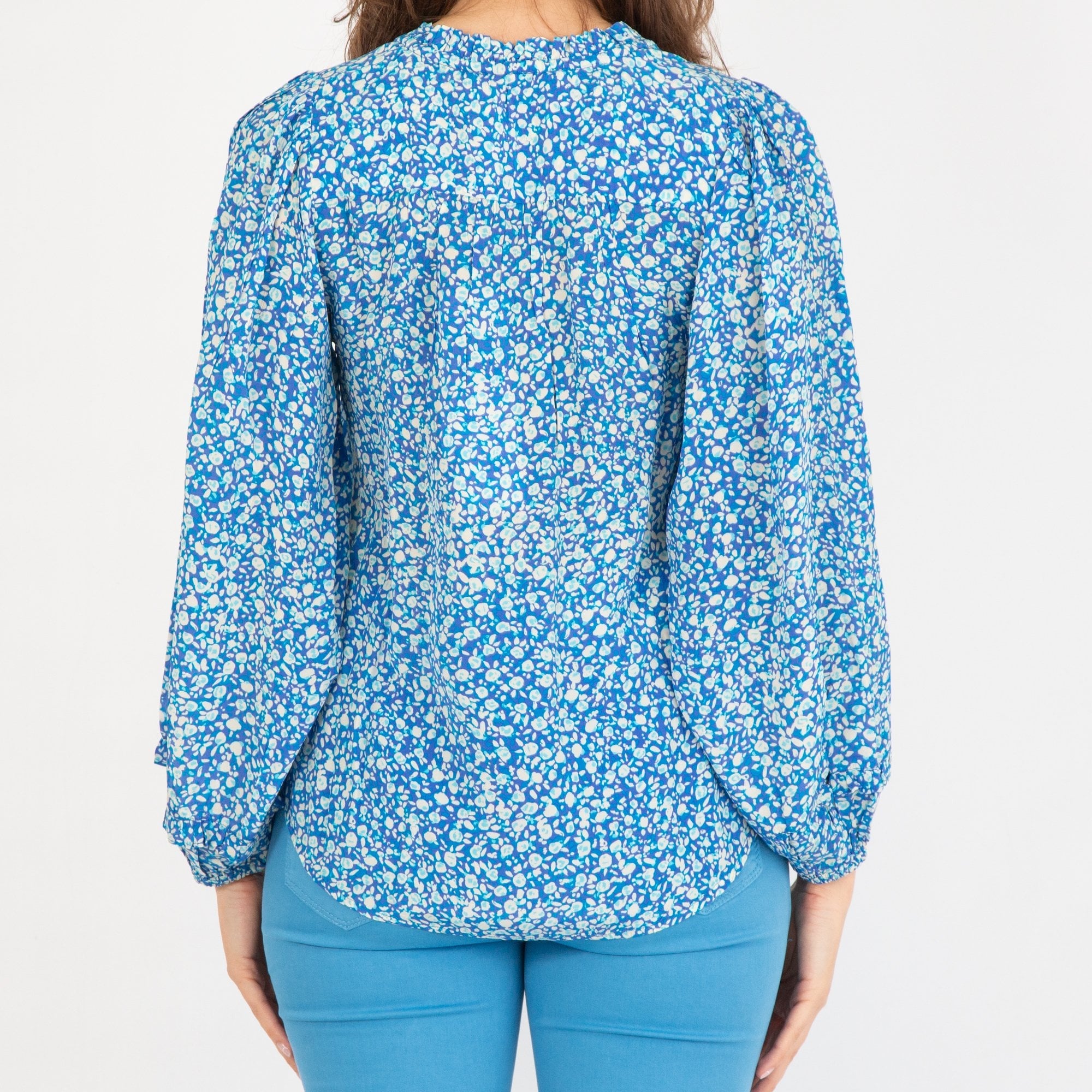 Moliin Annabel Speckle Print Tassel Neck Frill Trim Blouse Blue/off White