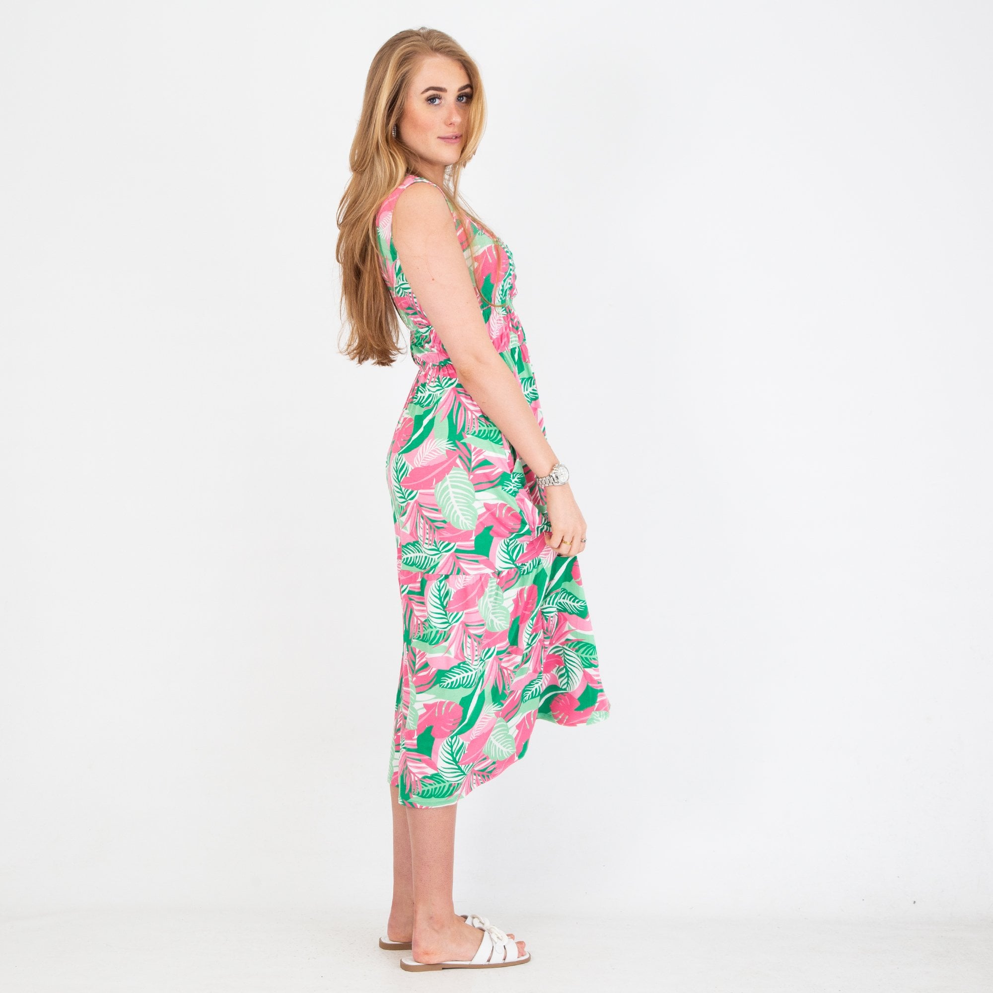 Marble Fashions Leaf Print Sleeveless Jersey Dress Pink/green