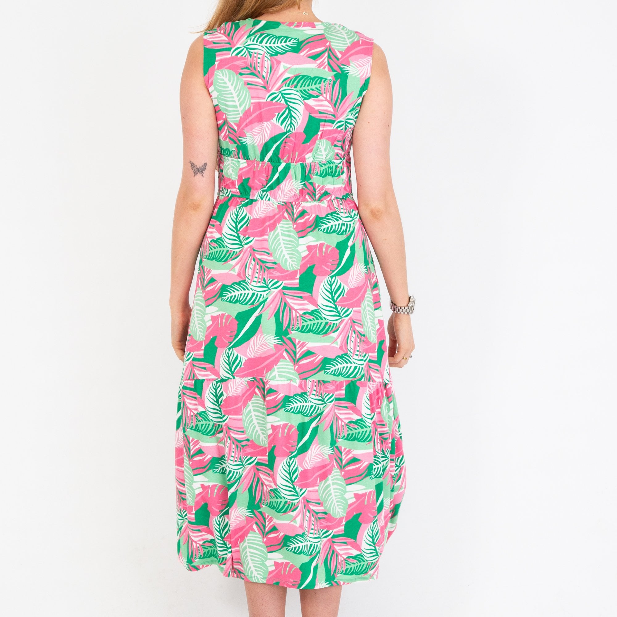 Marble Fashions Leaf Print Sleeveless Jersey Dress Pink/green