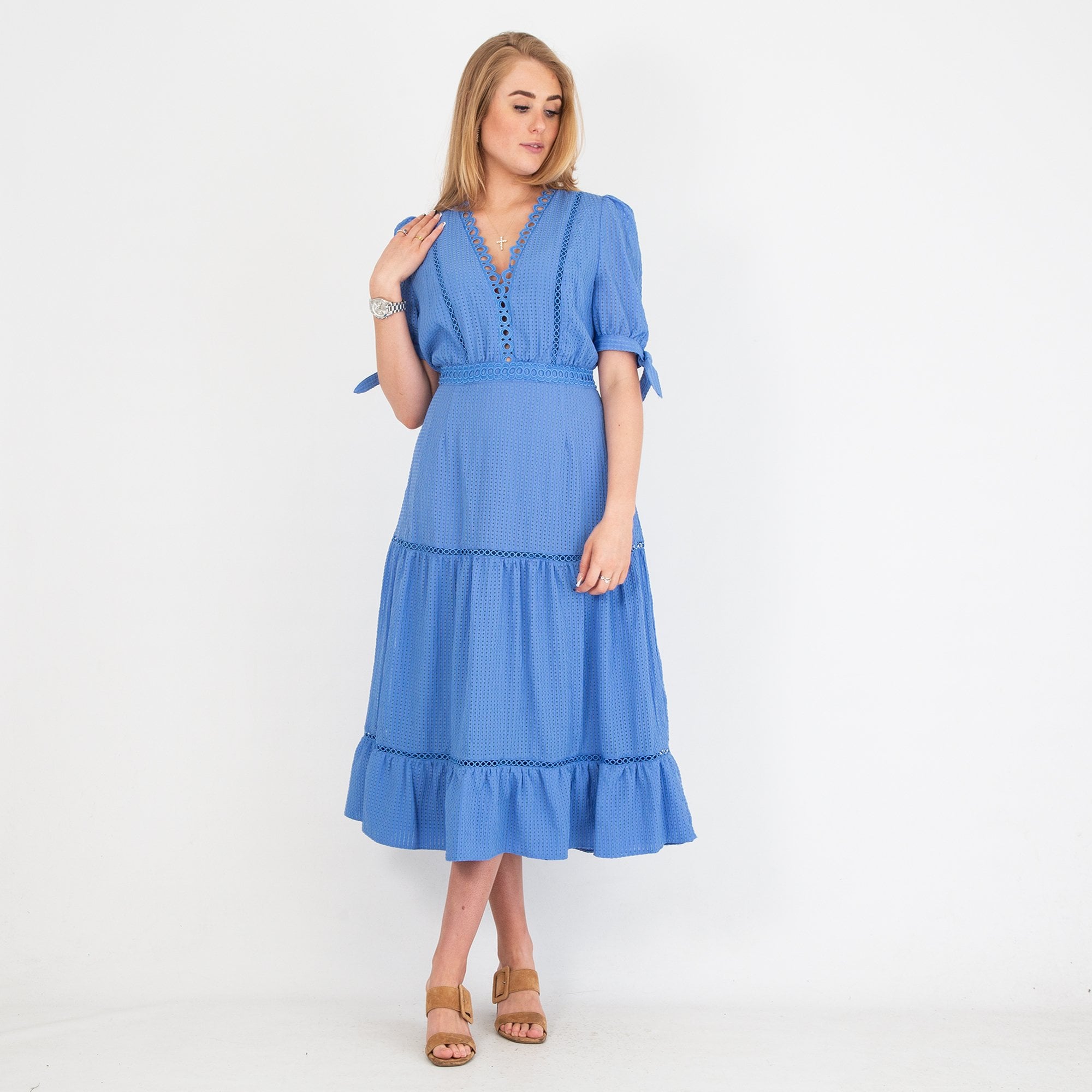Fee G Aurora Cutwork Trim Tiered V Front & Back Dress Cornflower Blue