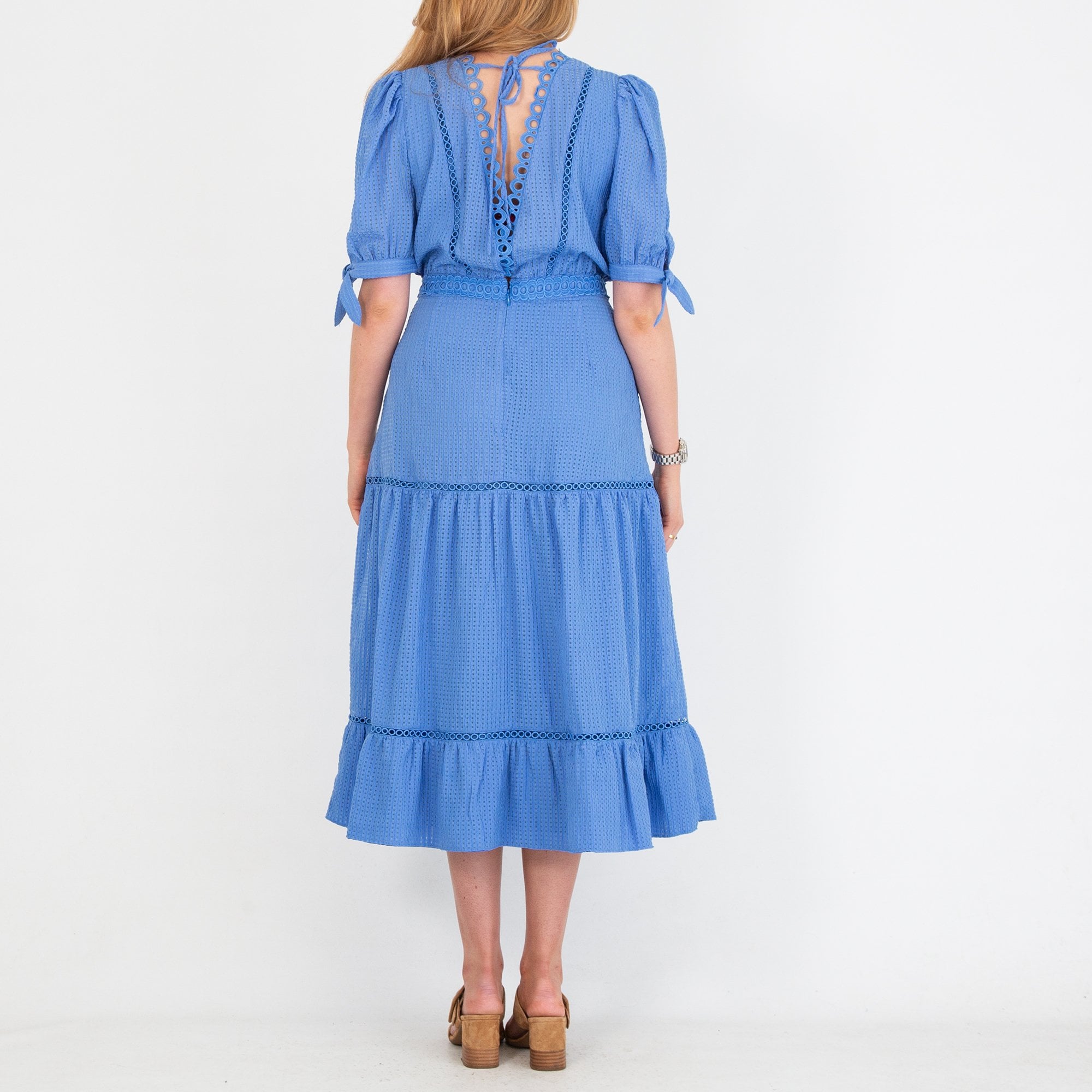 Fee G Aurora Cutwork Trim Tiered V Front & Back Dress Cornflower Blue