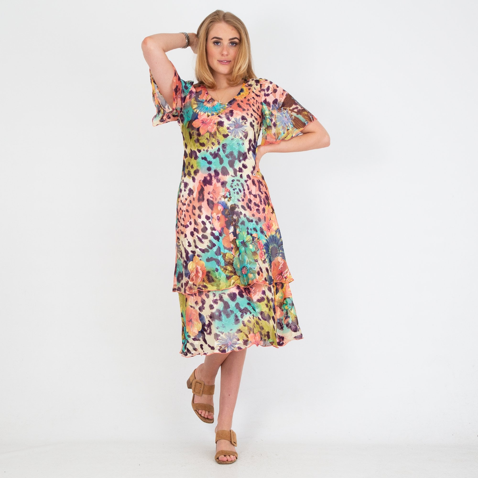 Allison Fashion V Neck Floral Animal Print Tiered Hem Silk Dress Multi