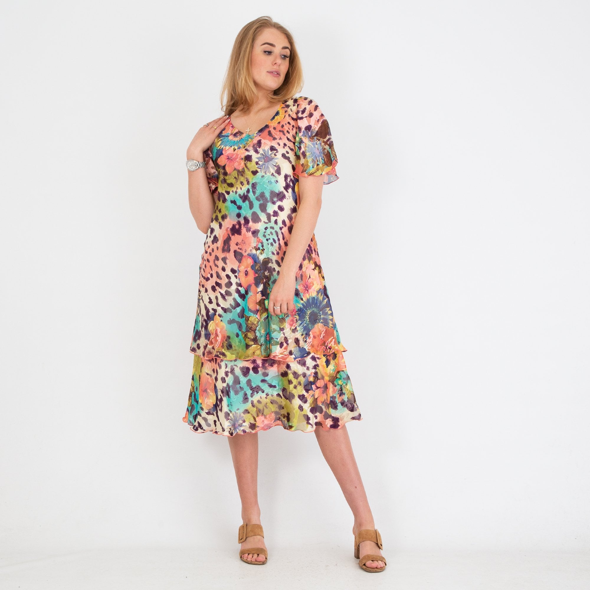 Allison Fashion V Neck Floral Animal Print Tiered Hem Silk Dress Multi