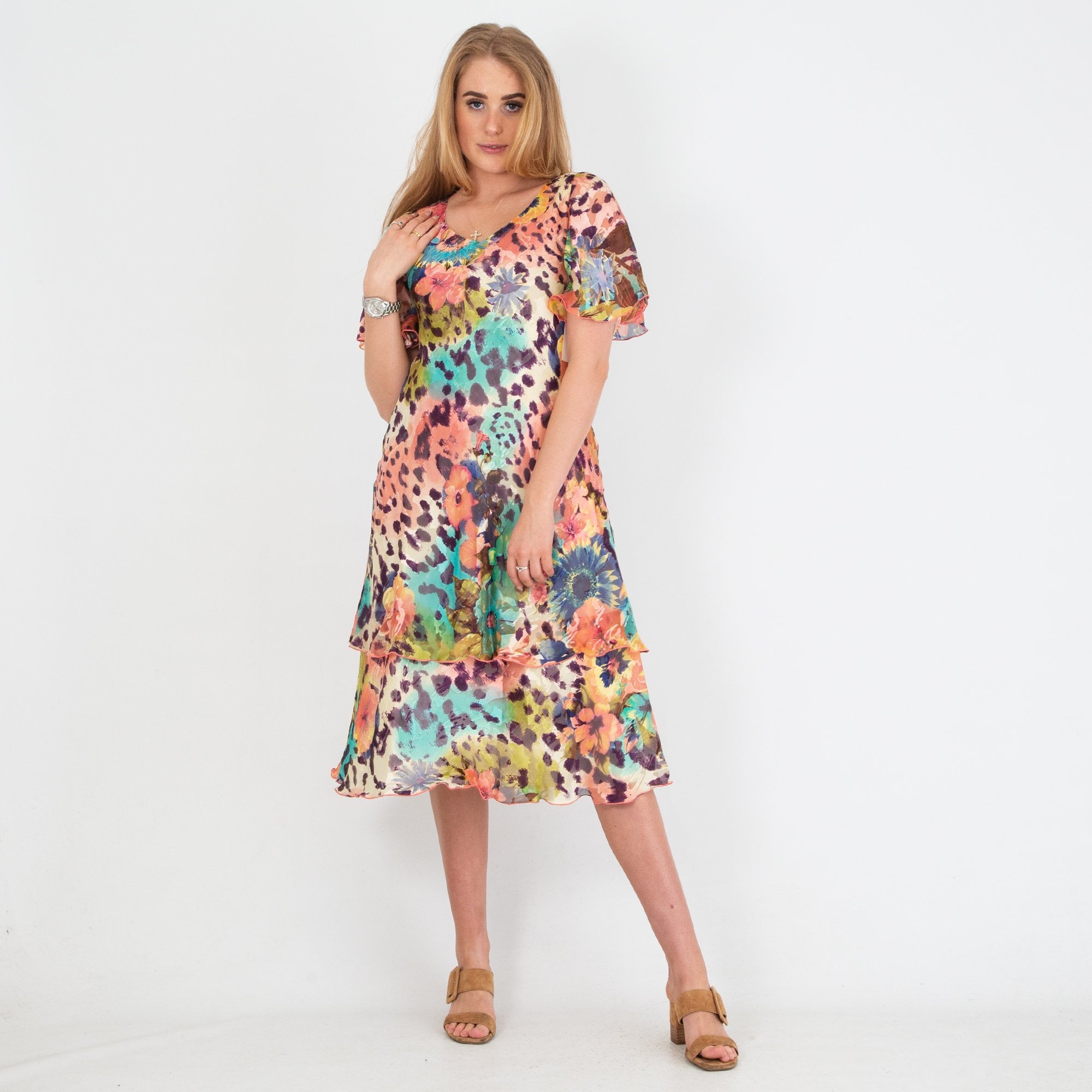 Allison Fashion V Neck Floral Animal Print Tiered Hem Silk Dress Multi