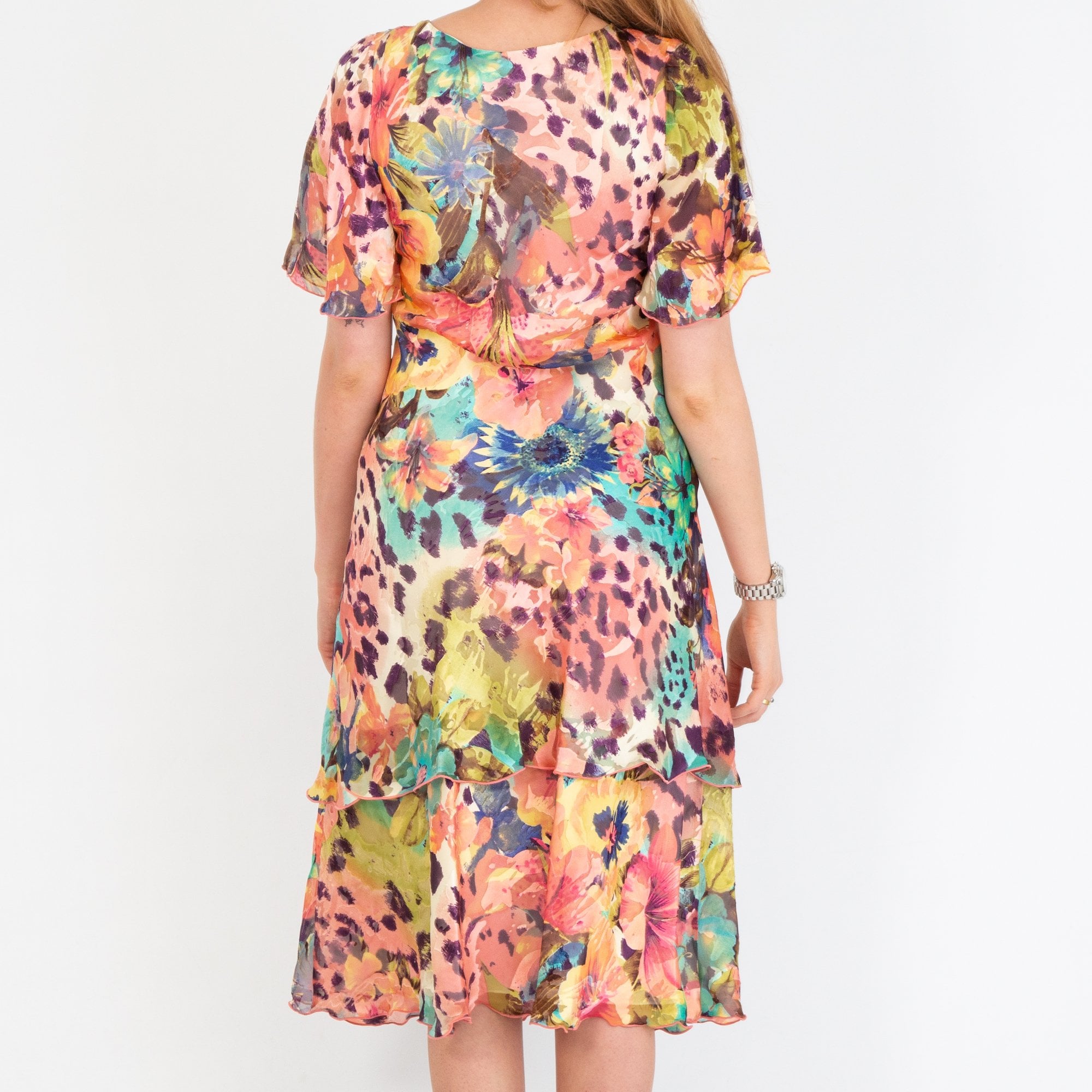 Allison Fashion V Neck Floral Animal Print Tiered Hem Silk Dress Multi