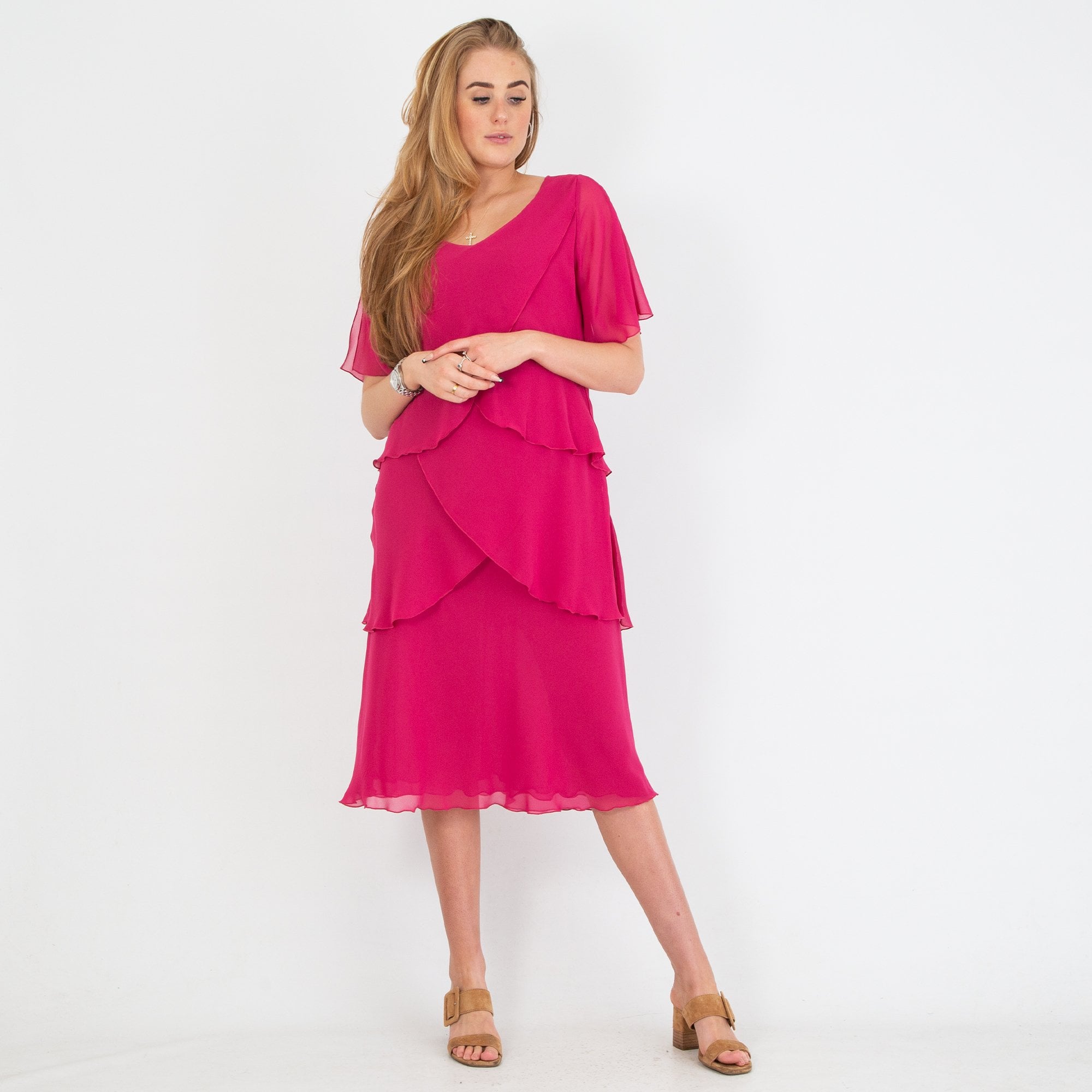 Allison Fashion V Neck Tiered Short Sleeve Dress Fuchsia