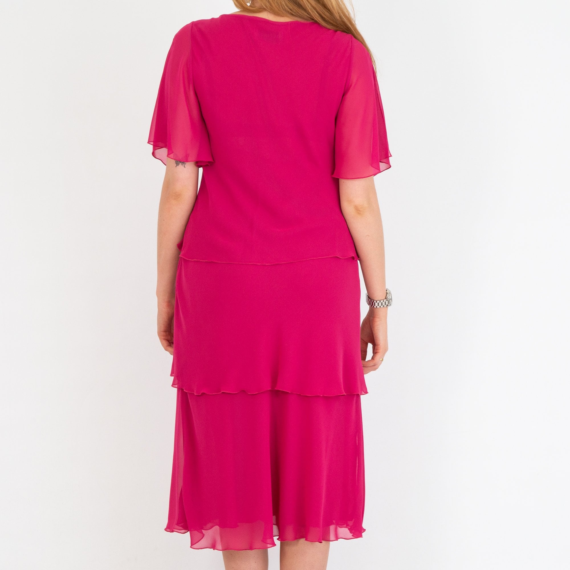 Allison Fashion V Neck Tiered Short Sleeve Dress Fuchsia