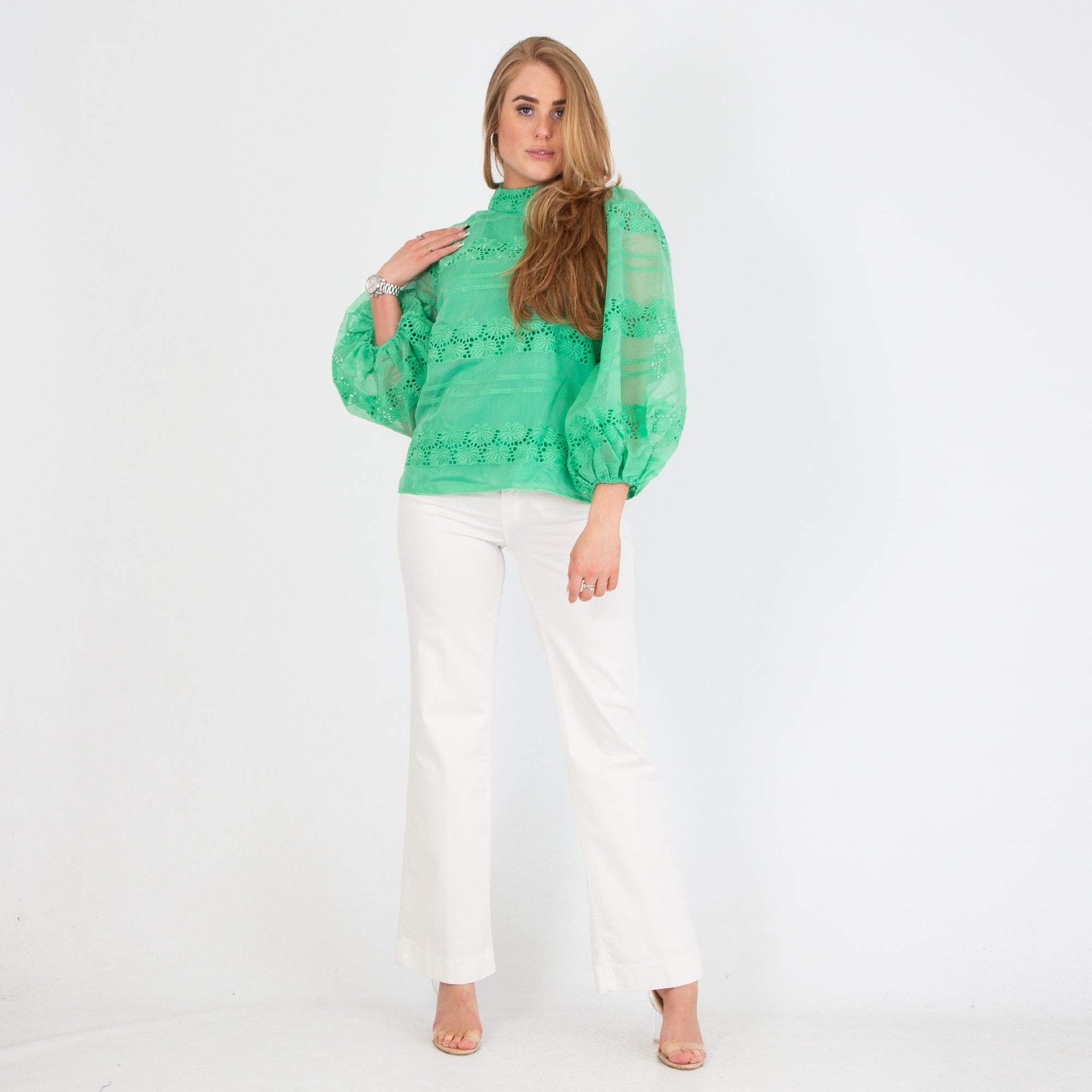 Fee G Milla Cutwork Organza Blouse With Tie Neck Green