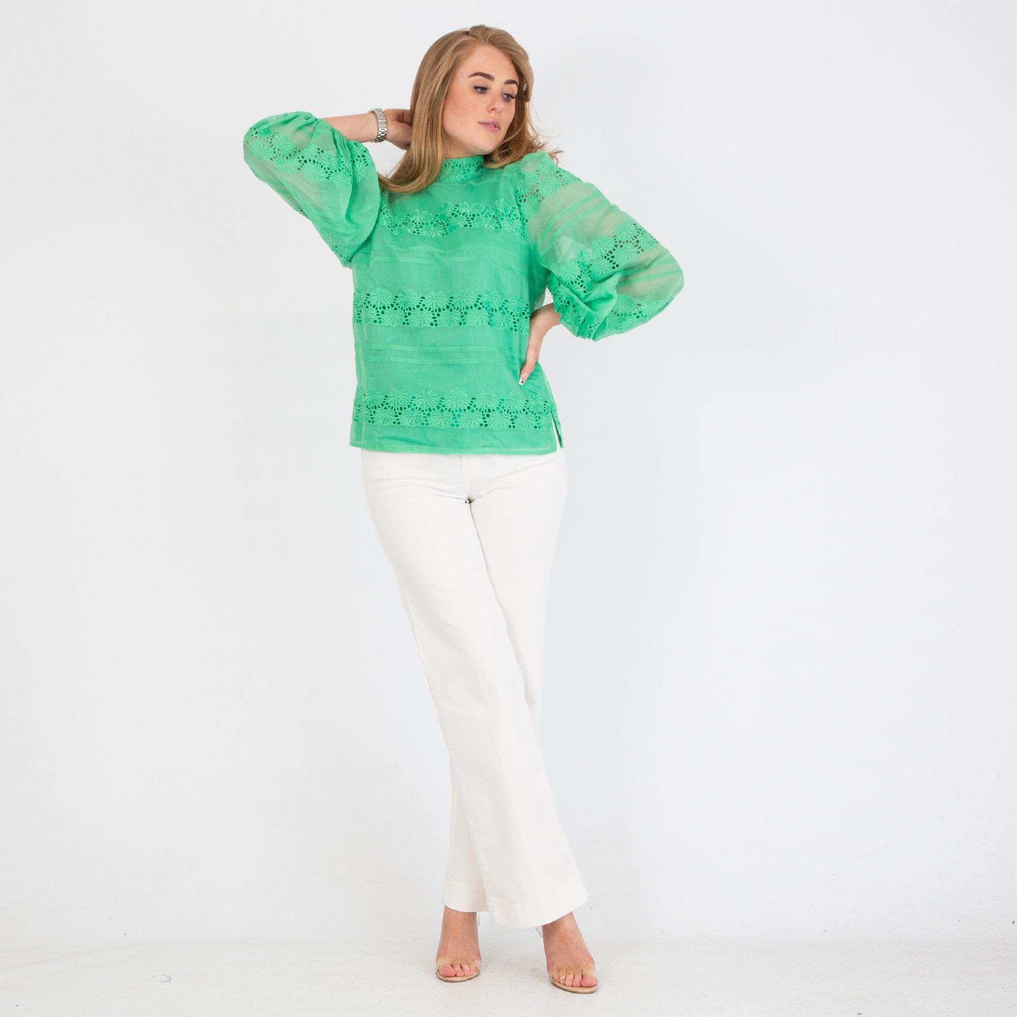 Fee G Milla Cutwork Organza Blouse With Tie Neck Green