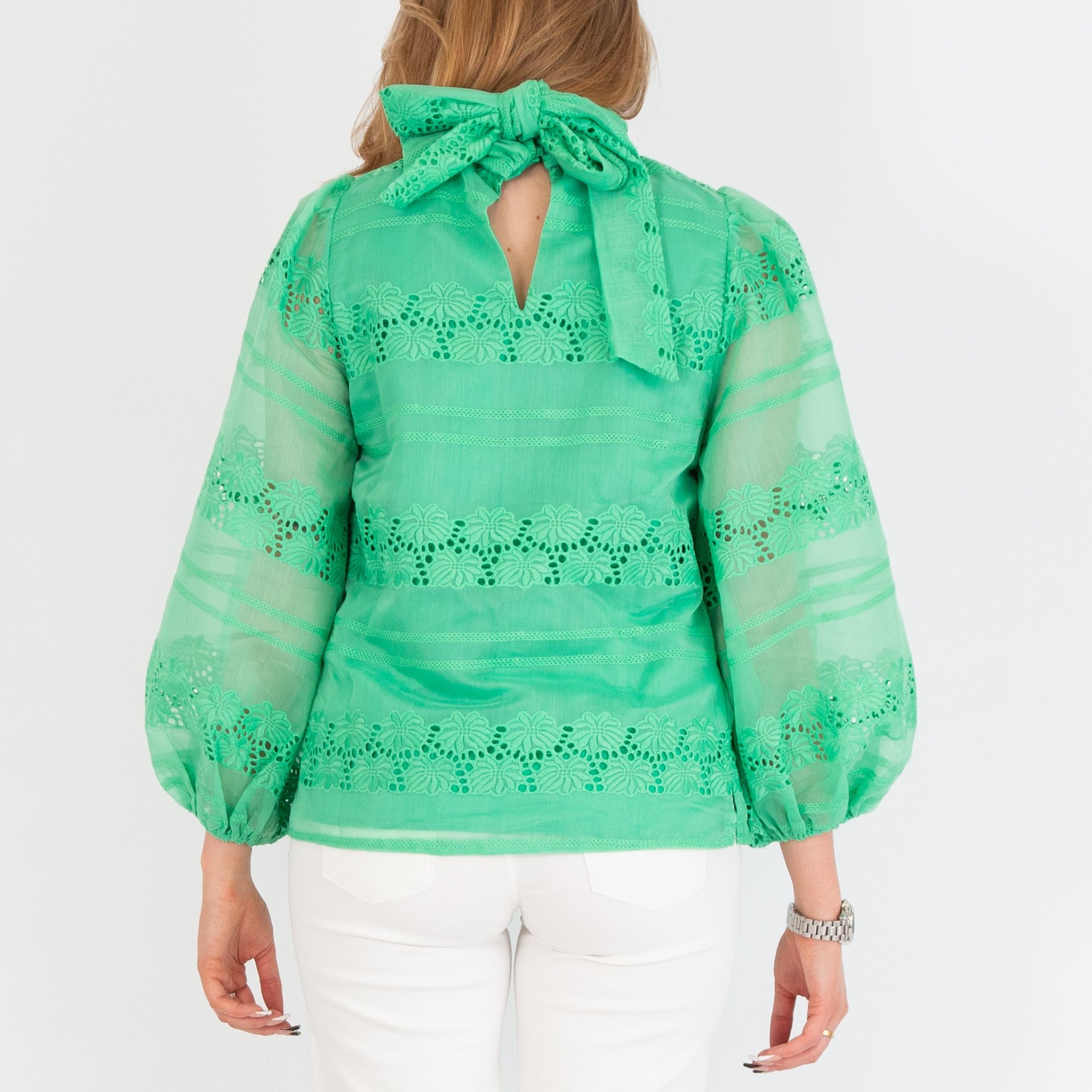 Fee G Milla Cutwork Organza Blouse With Tie Neck Green