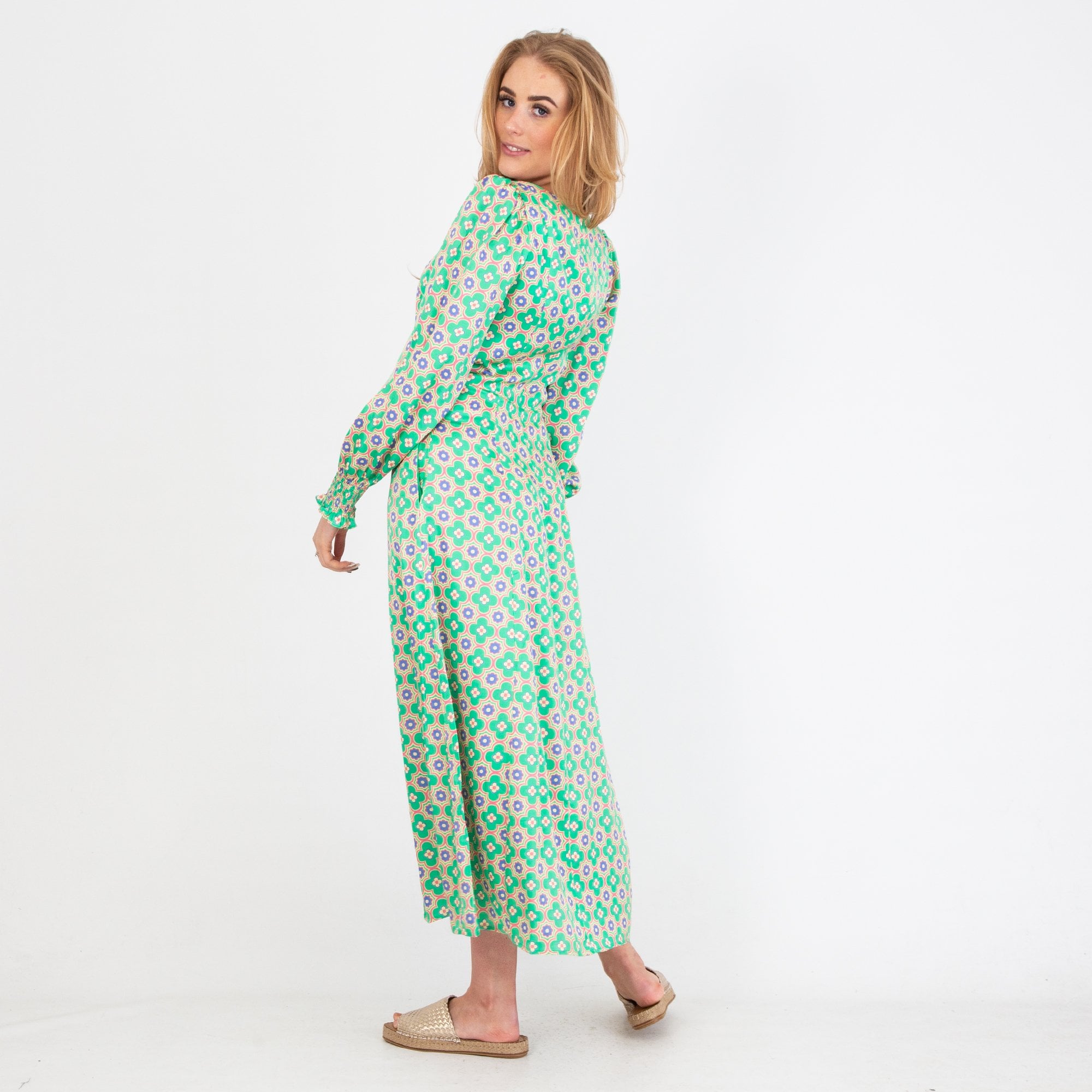 Aspiga Lyla Square Neck Abstract Flower Satin Dress Green/coral/blue