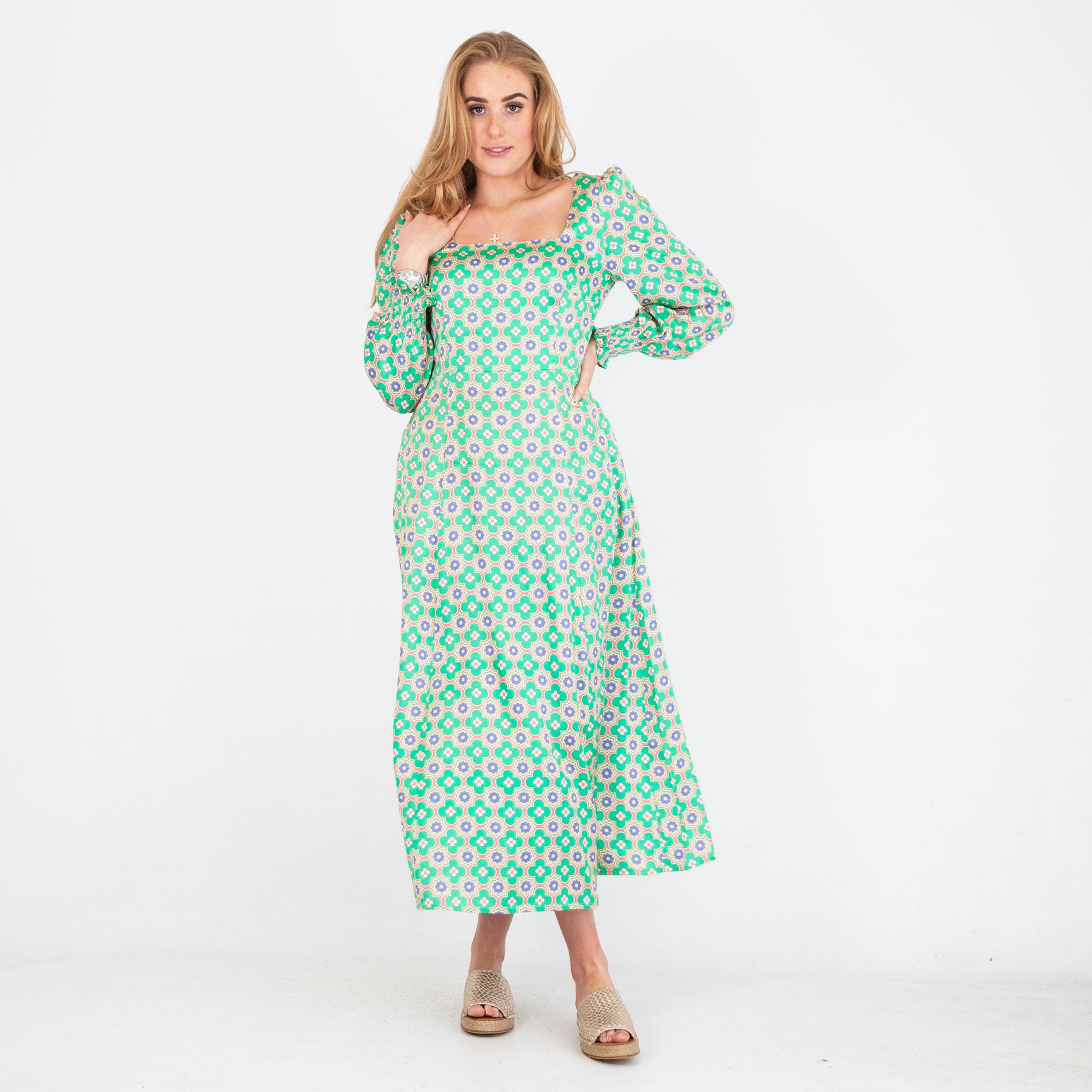 Aspiga Lyla Square Neck Abstract Flower Satin Dress Green/coral/blue