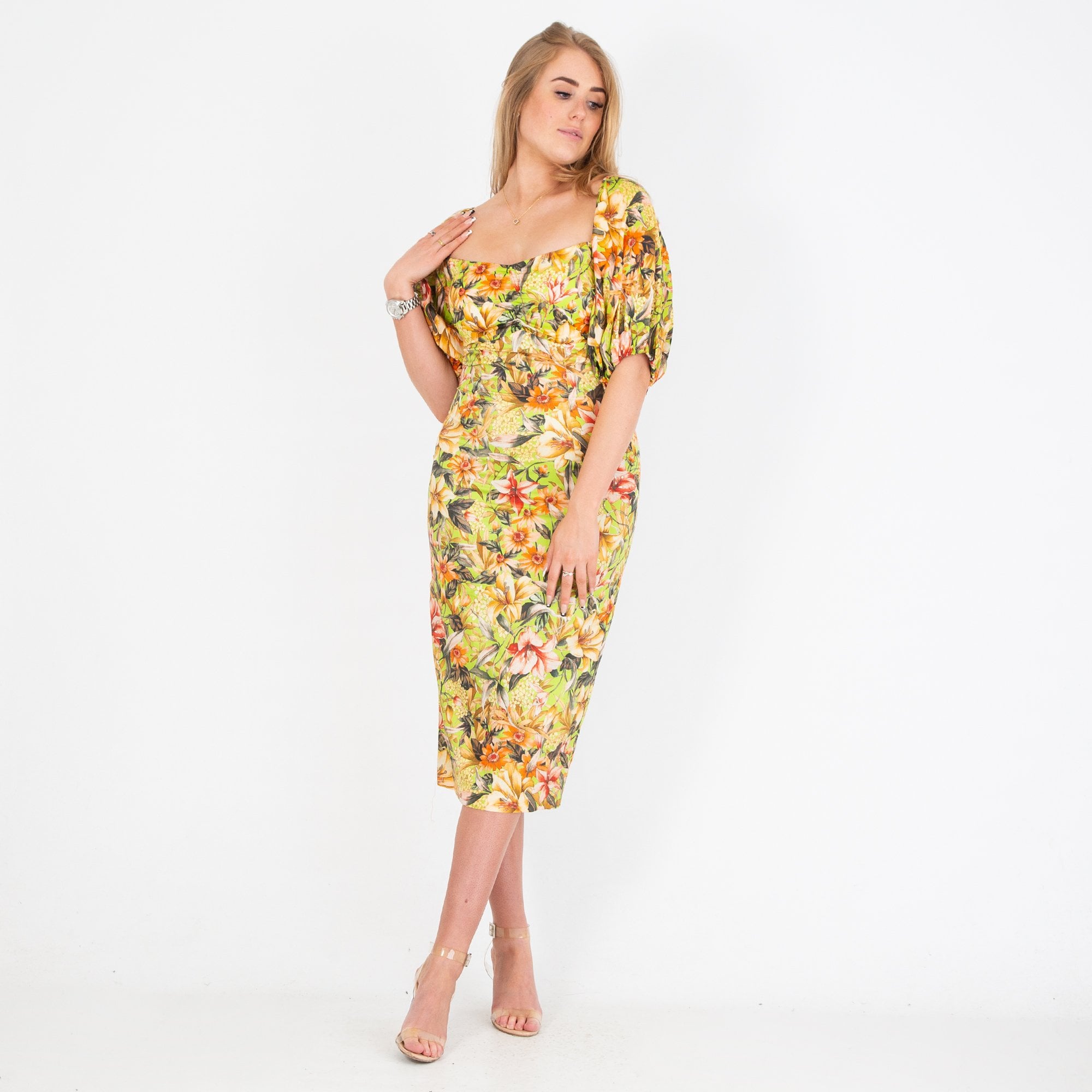 Arggido Floral Print Lace Tie Back Dress Green/orange