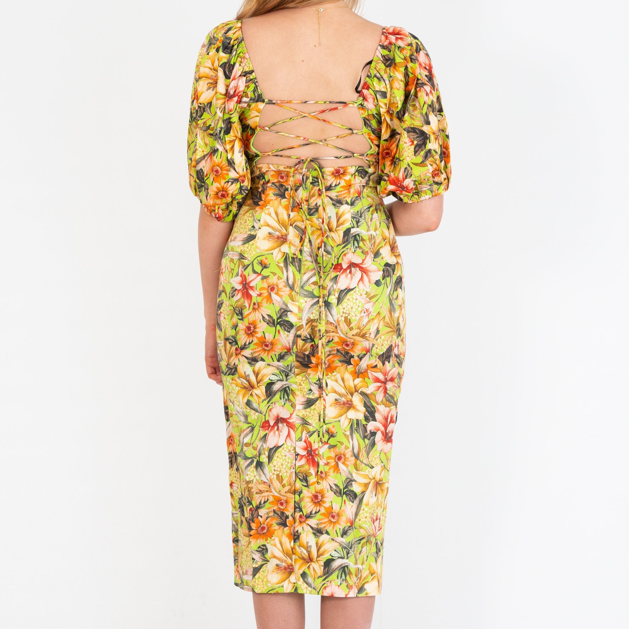 Arggido Floral Print Lace Tie Back Dress Green/orange