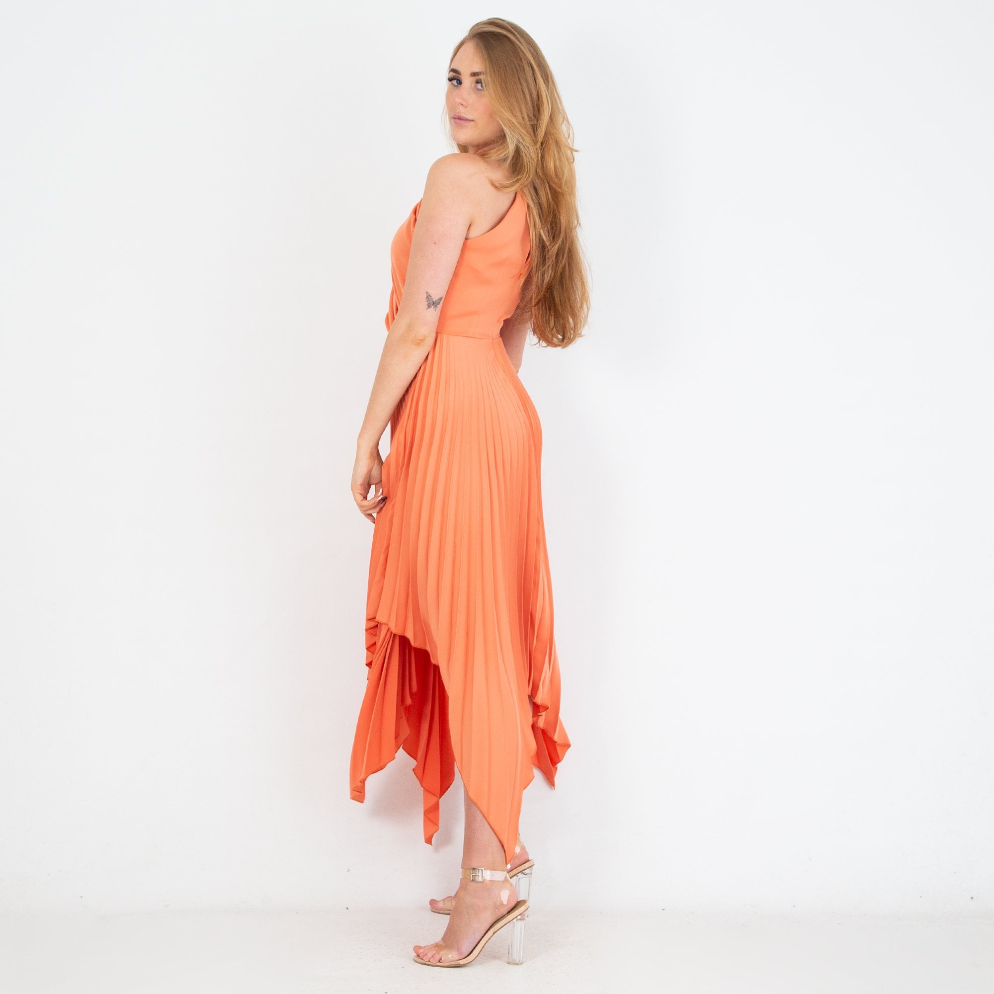Kevan Jon Vienna Cross Over Halter Neck Pleat Knee Maxi Dress Pumpkin