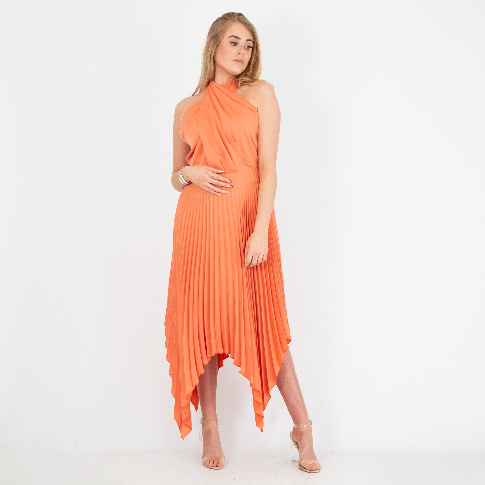 Kevan Jon Vienna Cross Over Halter Neck Pleat Knee Maxi Dress Pumpkin