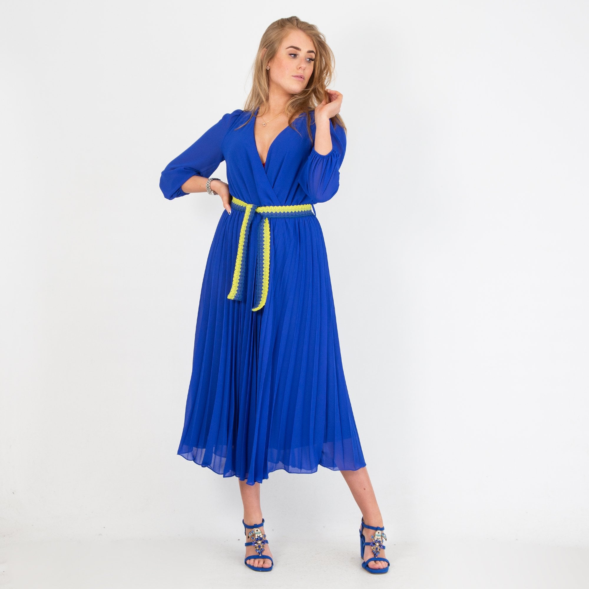 Bariloche Vela Chiffon Long Sleeve Belted Pleat Skirt Dress Royal Blue